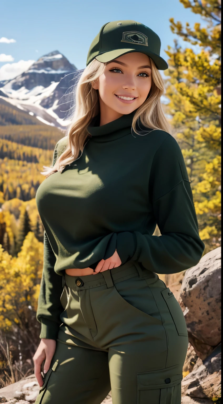Foto hiperrealista en primer plano de Emily Sears, masterpiece, best quality, (photorealistic:1.4), full body, (army green winter Plus Size Long Sleeve Pullover casual Sweater:1.1), (army green cargo pants:1.2), (trucker hat), fall hiking in the Rocky Mountains, sunny fall day, cinematic light, beautiful woman, skinny, large breasts, blond hair, detailed face, smile, facing the camera, photo taken from a distance, age of 20 years old