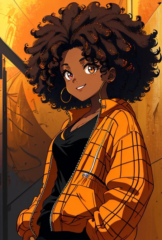 (best quality),(masterpiece), (extremely detailed 8K wallpaper),ultra-detailed,cinematic lighting, detailed light, best shadow, dyanamic angle, 1girl,solo, light skin, a cartoon image of a tanned woman with a big afro hair with frizzy hair wearing an black shirt and a yellow plaid jacket, character portrait, light orange eyes, curly Afro(black hair:1.5,), smiling, inspired by Huey from The Boondocks, (black:0.5,dark brown:1.3, orange:1.2), graffiti background, big breasts, slightly chubby, anime style character, in the art style of 8 0 s anime,