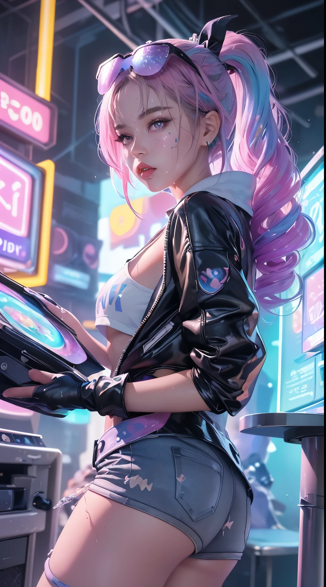 Full body, 1slime girl, loli, solo, eye focus with elaborate glow, pink lens flare, movie background, colorful, hyperdetailed, HDR, ultra-detailed eyes, mature, plump, rainbow drops, (supermodel:1.3), composed of paint, fully painted, splash, splash, indoor, (bioluminescent hair: 1.1), (glowing eyes), (makeup)), ferocious, powerful, splashing colors absolutely eye-catching, dynamic angles, beautiful details glow, ambient occlusion, ambient light, ray-traced reflections, retro style, life arcade characters, arcade style world, gloves, jacket, weapons, shorts, black gloves, black jacket, gun, drill hair, black shorts, headglasses, blowing bubbles, chewing gum, (cute face:1.3),