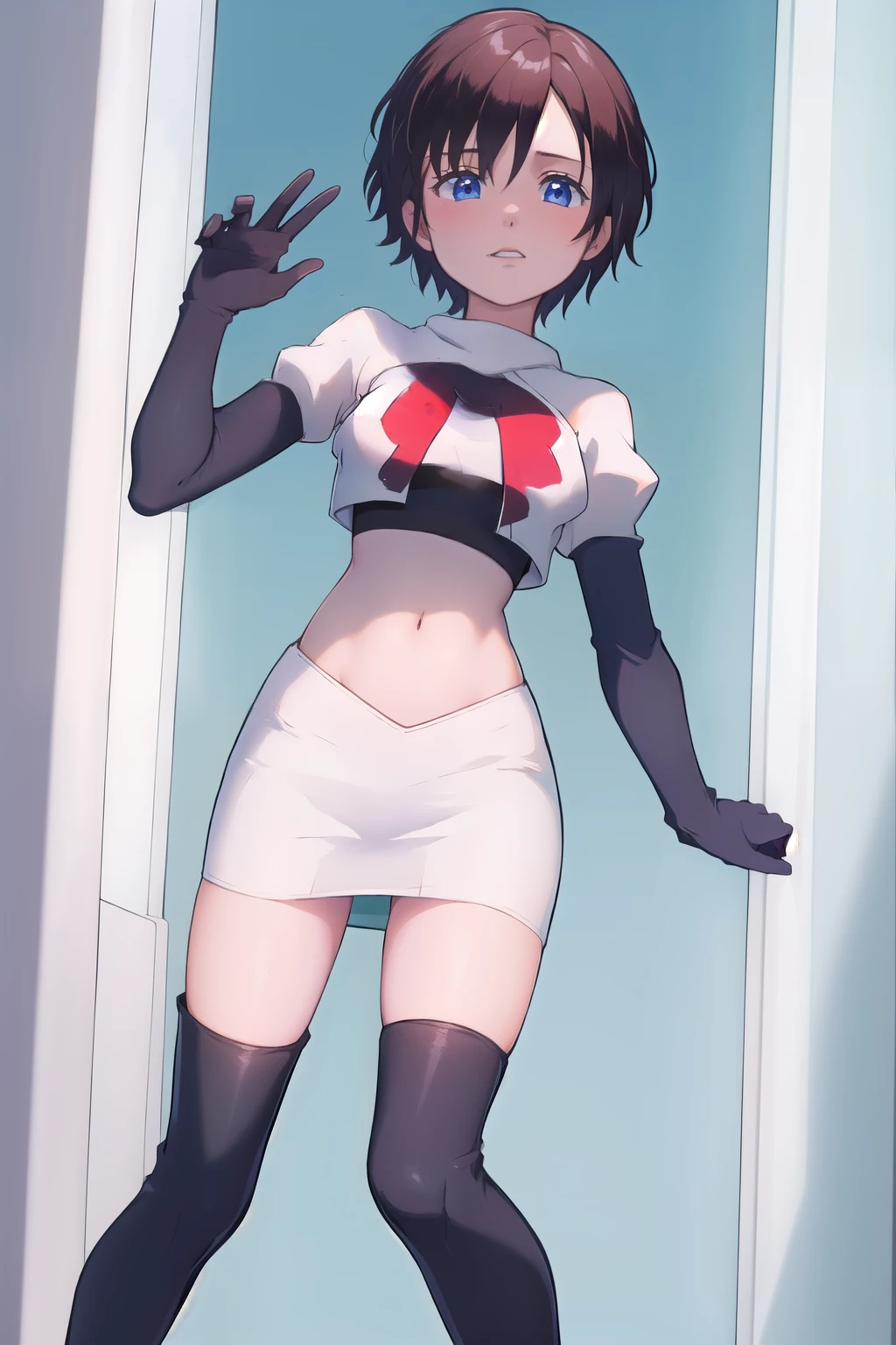 masterpiece, best quality, highres, aaxion, short hair, team rocket,team rocket uniform,white skirt,red letter R,crop top,black thigh-highs,black elbow gloves, cowboy shot, 