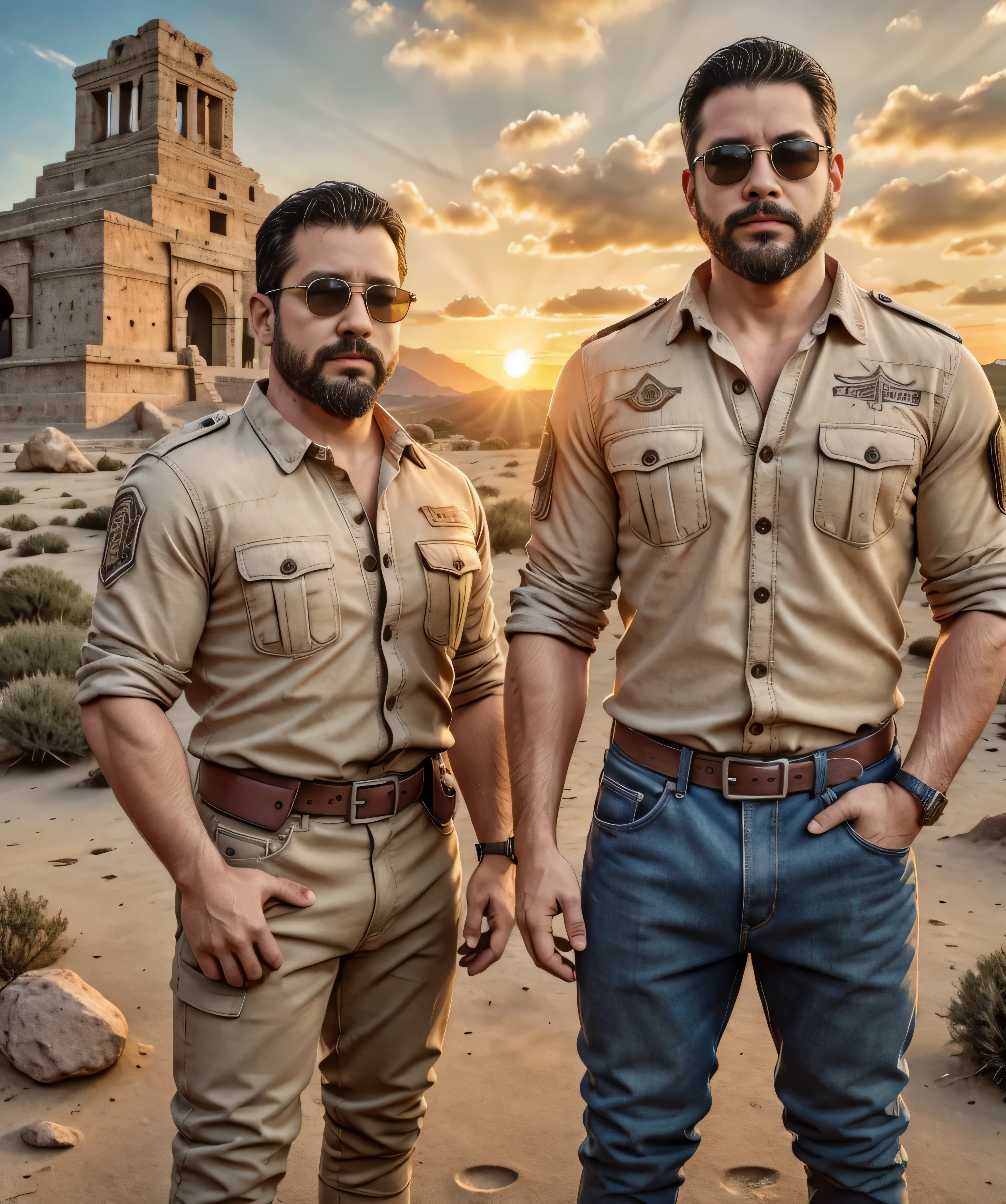 Obra maestra, desenfoque de campo, Parte superior del cuerpo, Hands in pants pockets , Two chubby 38 year old men with beards and square sunglasses. Men dressed in an archaeologist shirt at an action movie in Mexico with a sunset in the background.
