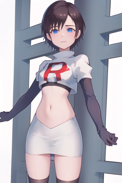 masterpiece, best quality, highres, aaxion, short hair, team rocket,team rocket uniform,white skirt,red letter R,crop top,black thigh-highs,black elbow gloves, cowboy shot, 