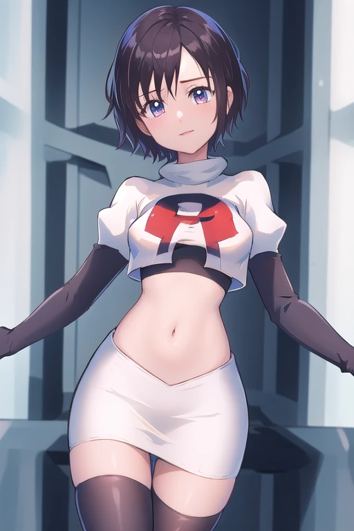 masterpiece, best quality, highres, aaxion, short hair, team rocket,team rocket uniform,white skirt,red letter R,crop top,black thigh-highs,black elbow gloves, cowboy shot, 