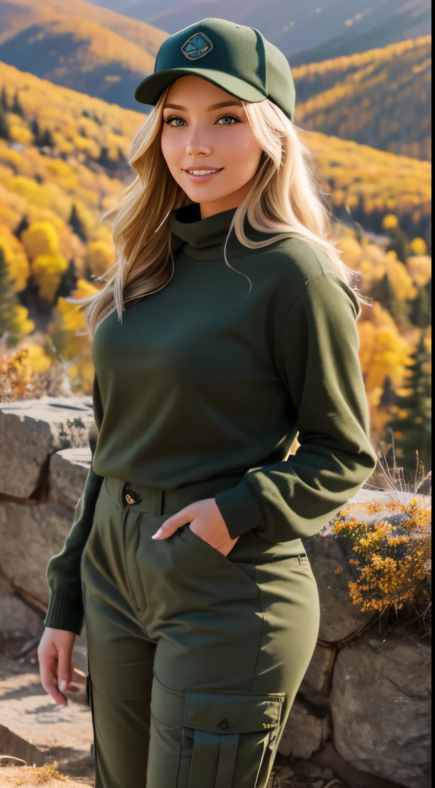 Foto hiperrealista en primer plano de Emily Sears, masterpiece, best quality, (photorealistic:1.4), full body, (army green winter Plus Size Long Sleeve Pullover casual Sweater:1.1), (army green cargo pants:1.2), (trucker hat), fall hiking in the hills of the Rocky Mountains, sunny fall day, cinematic light, beautiful woman, skinny, large breasts, blond hair, detailed face, smile, facing the camera, photo taken from a distance, age of 20 years old