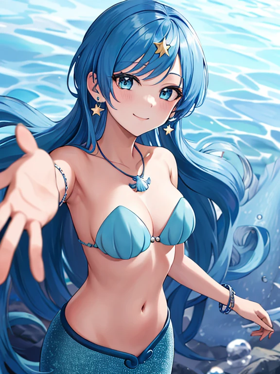 masterpiece, best quality, highres, ho1, blue hair, long hair, star (symbol), necklace, earrings, star hair ornament, mermaid, shell bikini, bracelet, underwater, smile, reaching out, spread arms,