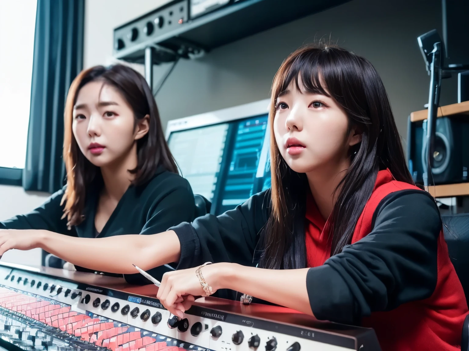 ((Chae Soo Bin and her identical twin working in a studio on a soundboard:1.5)), ((2girls:1.4)), 2 girls, two chaesoobins, identical twins, clones, soundboard, audio equipment, sofa, chairs, (best quality,4k,8k,highres,masterpiece:1.2),ultra-detailed,(realistic,photorealistic,photo-realistic:1.37), HDR, UHD, studio lighting, ultra-fine painting, sharp focus, physically-based rendering, extreme detail description, professional, vivid colors, bokeh, portraits, landscape, sci-fi, photography, concept artists, vibrant colors, warm tones, soft lighting.