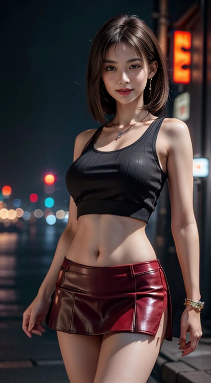 8k, masterpiece, RAW photo, best quality, photorealistic, extremely detailed CG unity 8k wallpaper, Depth of field, Cinematic Light, Lens Flare, Ray tracing, (extremely beautiful face, beautiful lips, beautiful eyes), intricate detail face, ((ultra detailed skin)) 1girl, in the dark, deep shadow, pretty asian girl, 1 girl, (very slim slender fit-muscled body:1.3), ((looking at viewer)),(big smile:1.3), (fashion city night, dark night, (neon sign), (blurred background), street night),(without people in the background:1.3), beautiful earrings, bracelets, necklace, pantyhose, clear eyes, (pale skin), (big eyes), face forward, ((upper body shot)), (looking at viewer:1.3) very slim, medium breasts, (Ultra-realistic, gazing at viewer, short skirt, (hight resolution), (8K), (ighly detailed), (Brown hair, short-hair), (Woman in red short sleeveless sweater, Show the navel), (Slim body)