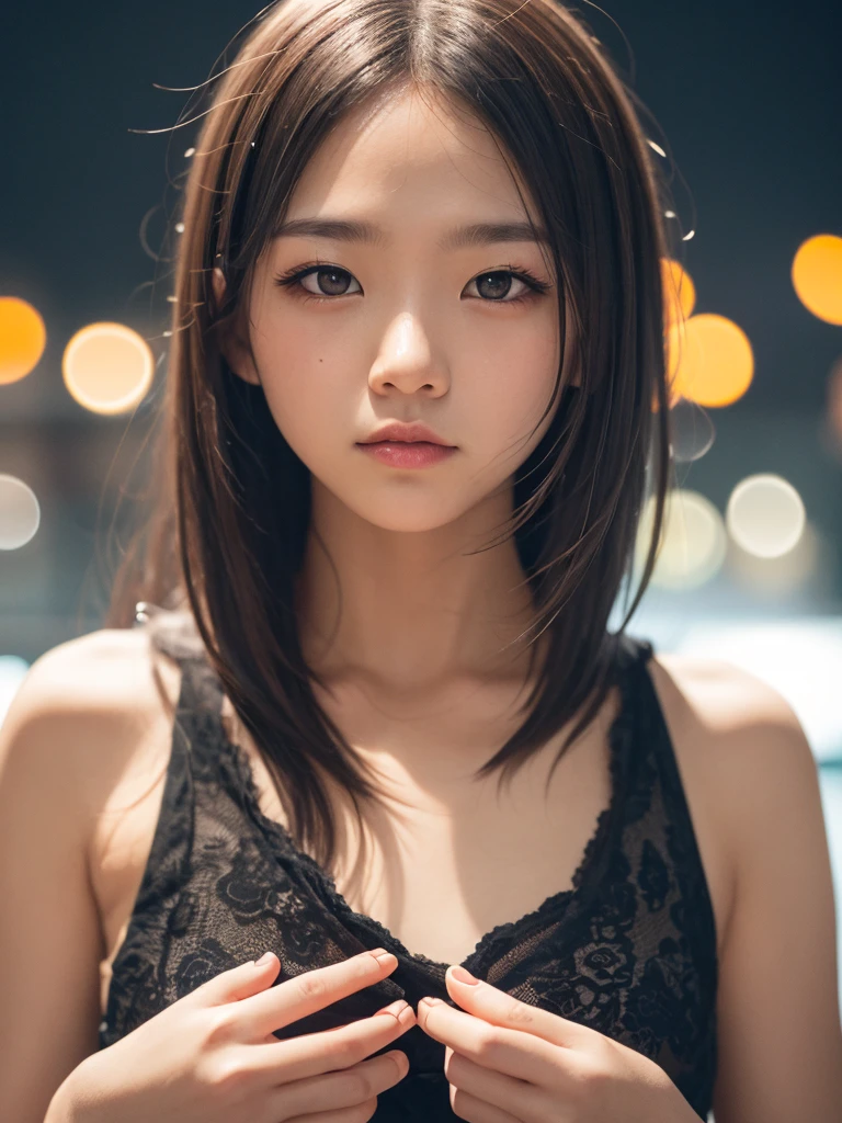 masterpiece、1 beautiful girl、Detailed eyes、Puffy eyes、Highest quality, 超High resolution, (Reality: 1.4), Cinema Lighting、Asian Beauty、Japanese、Super Beauty、Beautiful Skin、Slender、Body facing forward、(Surreal)、(High resolution)、(8k)、(Very detailed)、(Beautiful and detailed eyes)、(Ultra-detailed)、 (wall-)、Detailed face、Bright lighting、Professional Lighting、View your viewers、Look straight ahead、black knitwear、Diagonal bangs、Night Scenery、Brown Hair、Age 19、expensive,