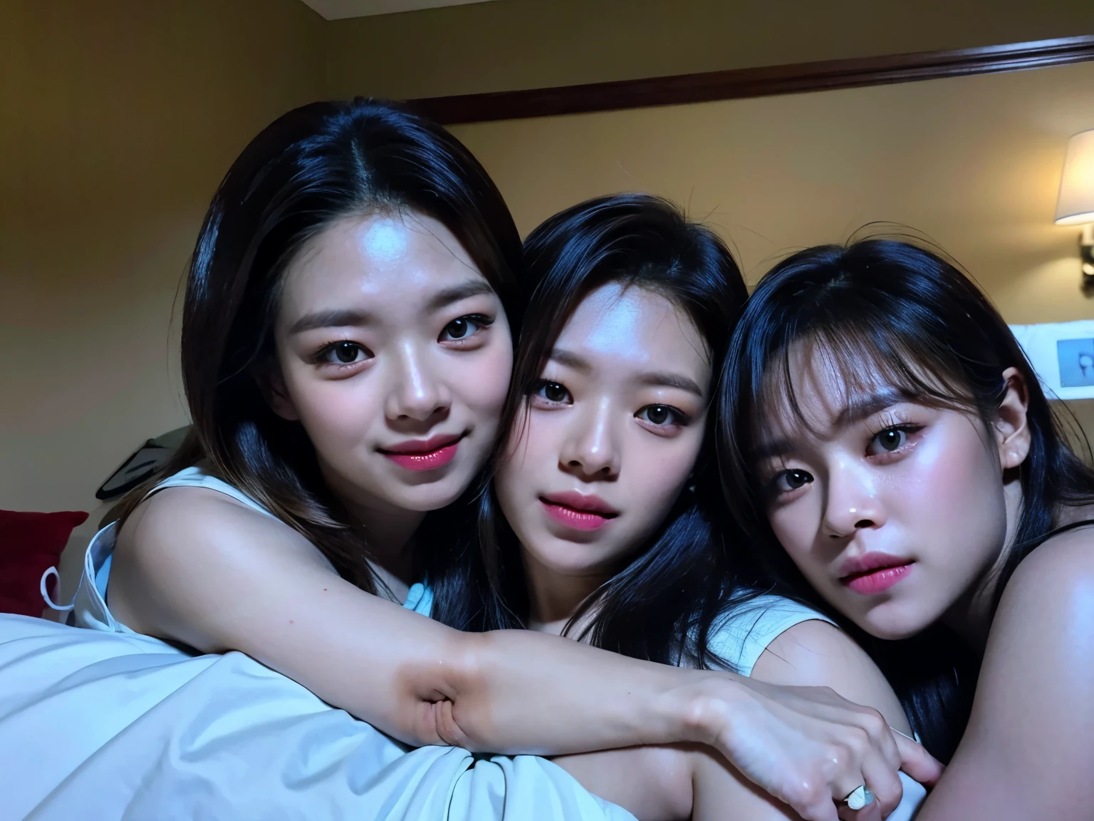 best quality, photorealistic, realistic, 8k, high res, ultra-detailed, ultra-detailed eyes, jeongyeonlorashy, ((2girls:1.4)), clones, identical faces, identical looks, full body shot, slim slender body, cleavage, ((hugging at the bed:1.3)), natural sunlight, eyes looking at the viewer, pretty face, detailed face, brown wavy hair, no makeup, detailed skin textures, detailed eyes, indoors, bedroom lighting