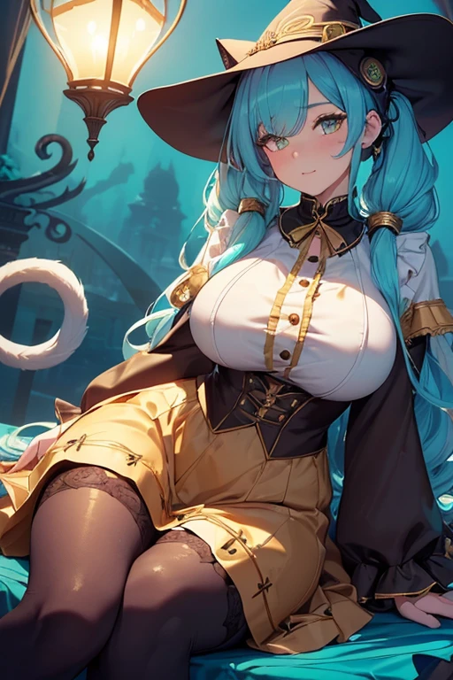 ((masterpiece)), (best quality:1.7), (detailed:1.4), (high res:1.4), 8k, (colorful:1.5), high resolution, sharped image, 4k, hd, (beautiful detailed background:1.2), (beautiful lighting:1.2), (highly detailed:1.2), perfect lighting, (8k wallpaper:1.2), (highly detailed:1.2), (extremely detailed CG:1.2), ((long turquoise twintails with ribbons)), (hair bangs covering one eye), ((only turquoise hair)), ((large chest)), (((busty))), curvy figure, (((royal gold eyes))), (((modest witch outfit with button blouse and a medium length skirt and long stockings))), ((fluffy cat ears and cat tail)), mature, older, (cat girl), adult, tall, fullbody