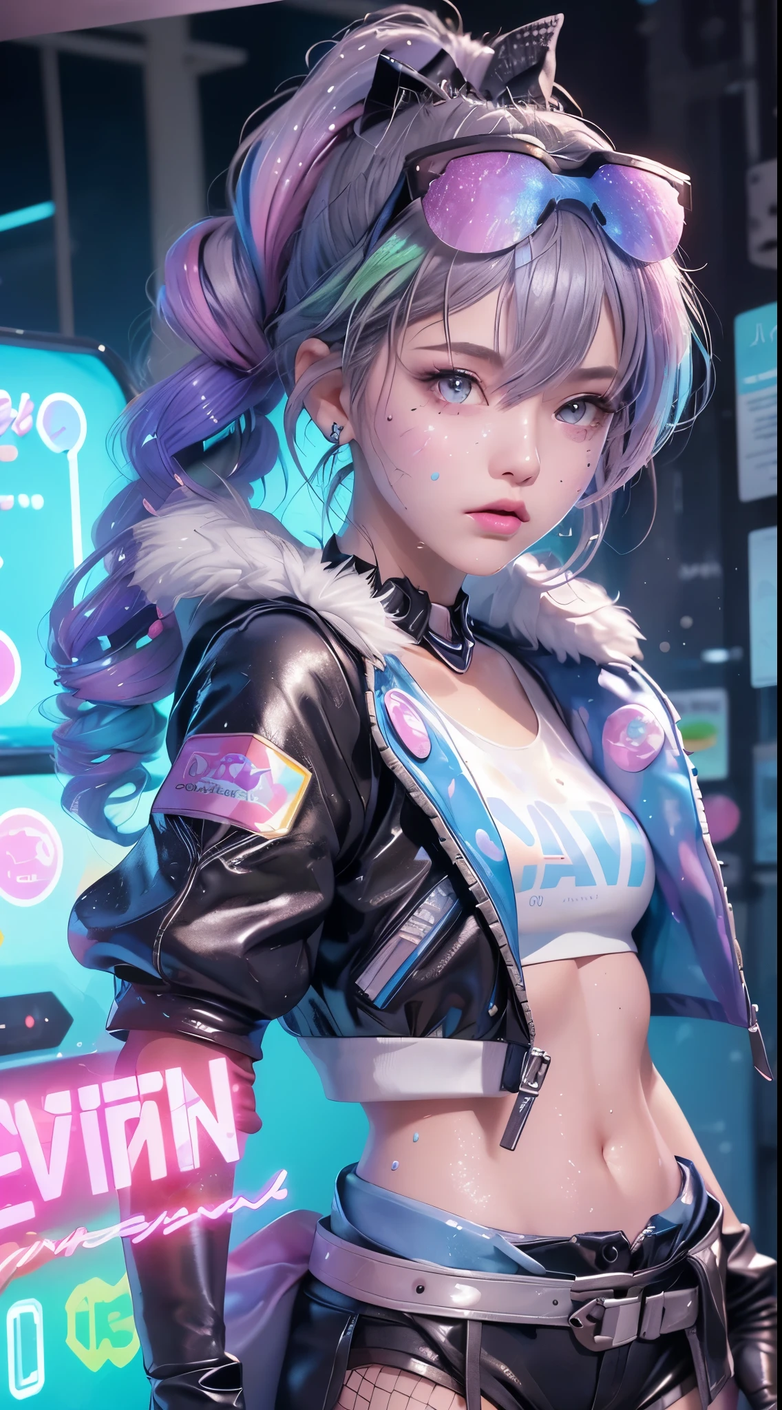 Full body, 1slime girl, loli, solo, eye focus with elaborate glow, pink lens flare, movie background, colorful, hyperdetailed, HDR, ultra-detailed eyes, mature, plump, rainbow drops, (supermodel:1.3), composed of paint, fully painted, splash, splash, indoor, (bioluminescent hair: 1.1), (glowing eyes), (makeup)), ferocious, powerful, splashing colors absolutely eye-catching, dynamic angles, beautiful details glow, ambient occlusion, ambient light, ray-traced reflections, retro style, life arcade characters, arcade style world, gloves, jacket, weapons, shorts, black gloves, black jacket, gun, drill hair, black shorts, headglasses, blowing bubbles, chewing gum, (cute face:1.3),