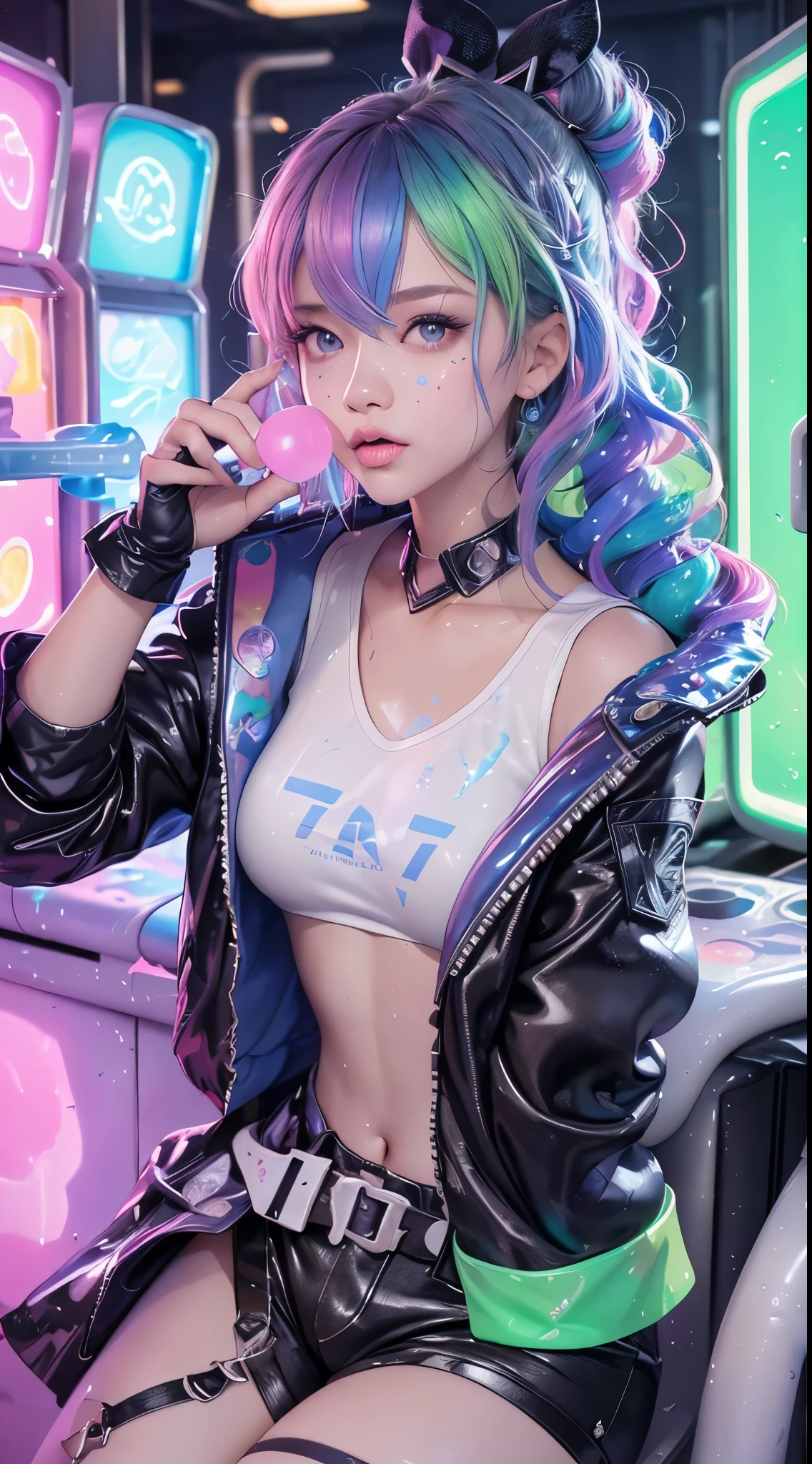 Full body, 1slime girl, loli, solo, eye focus with elaborate glow, pink lens flare, movie background, colorful, hyperdetailed, HDR, ultra-detailed eyes, mature, plump, rainbow drops, (supermodel:1.3), composed of paint, fully painted, splash, splash, indoor, (bioluminescent hair: 1.1), (glowing eyes), (makeup)), ferocious, powerful, splashing colors absolutely eye-catching, dynamic angles, beautiful details glow, ambient occlusion, ambient light, ray-traced reflections, retro style, life arcade characters, arcade style world, gloves, jacket, weapons, shorts, black gloves, black jacket, gun, drill hair, black shorts, headglasses, blowing bubbles, chewing gum, (cute face:1.3),