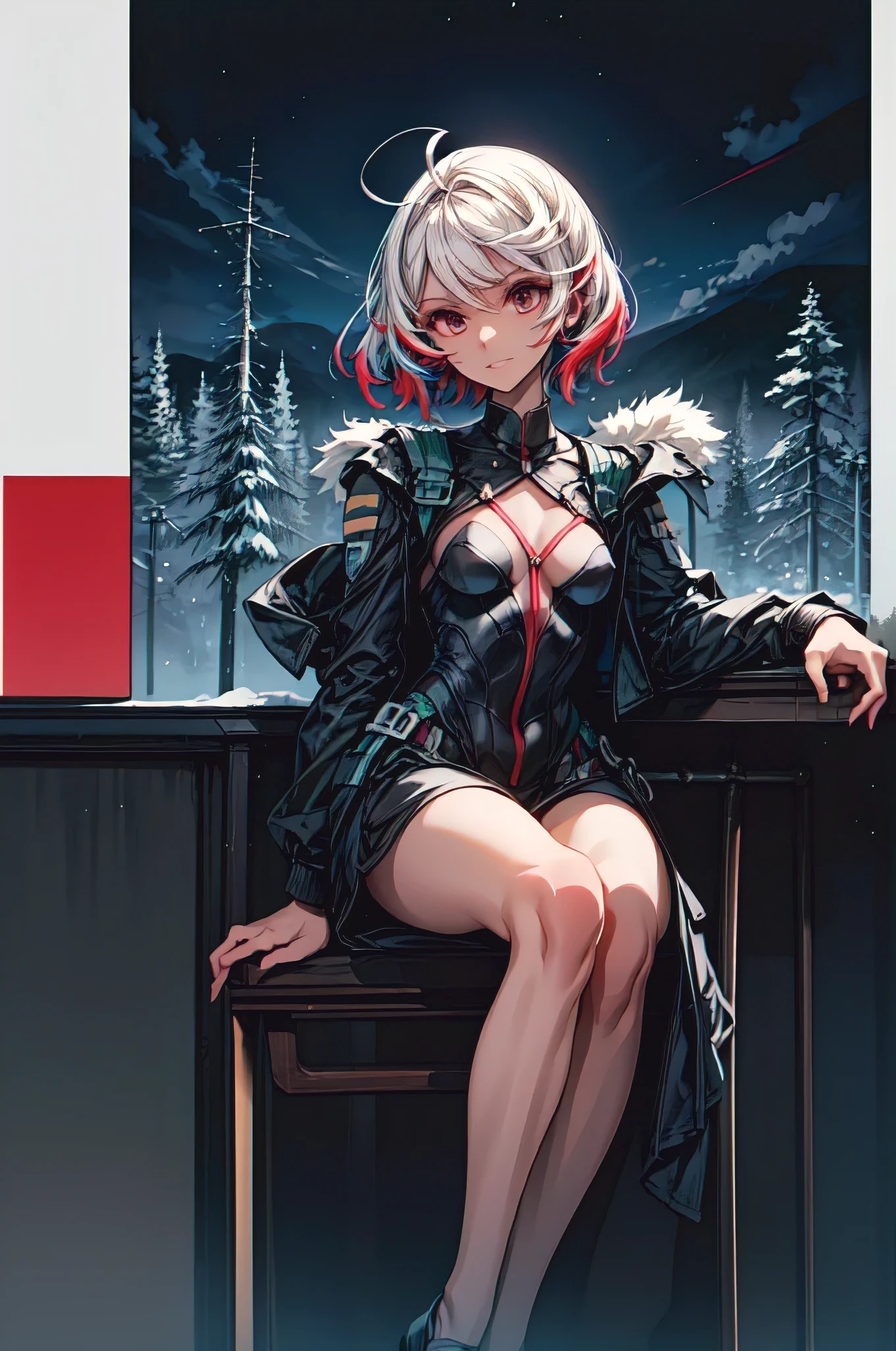 (masterpiece, best quality:1.2), solo, 1girl, yamamoto akira, dark skin, expressionless, looking at viewer, ahoge, bodysuit, outer space, (dynamic pose:1.0),happy,smile,(centered,scale to fit dimensions,Rule of thirds), ((snowy pine forest at night)), with dark stormy clouds,winter,scenery:1.25,((snow forest background)),Christmas tree, highres,sharp focus,(ultra detailed,extremely detailed),(((vibrant colors,vibrant theme))),(intricate),(masterpiece),(best quality), sitting