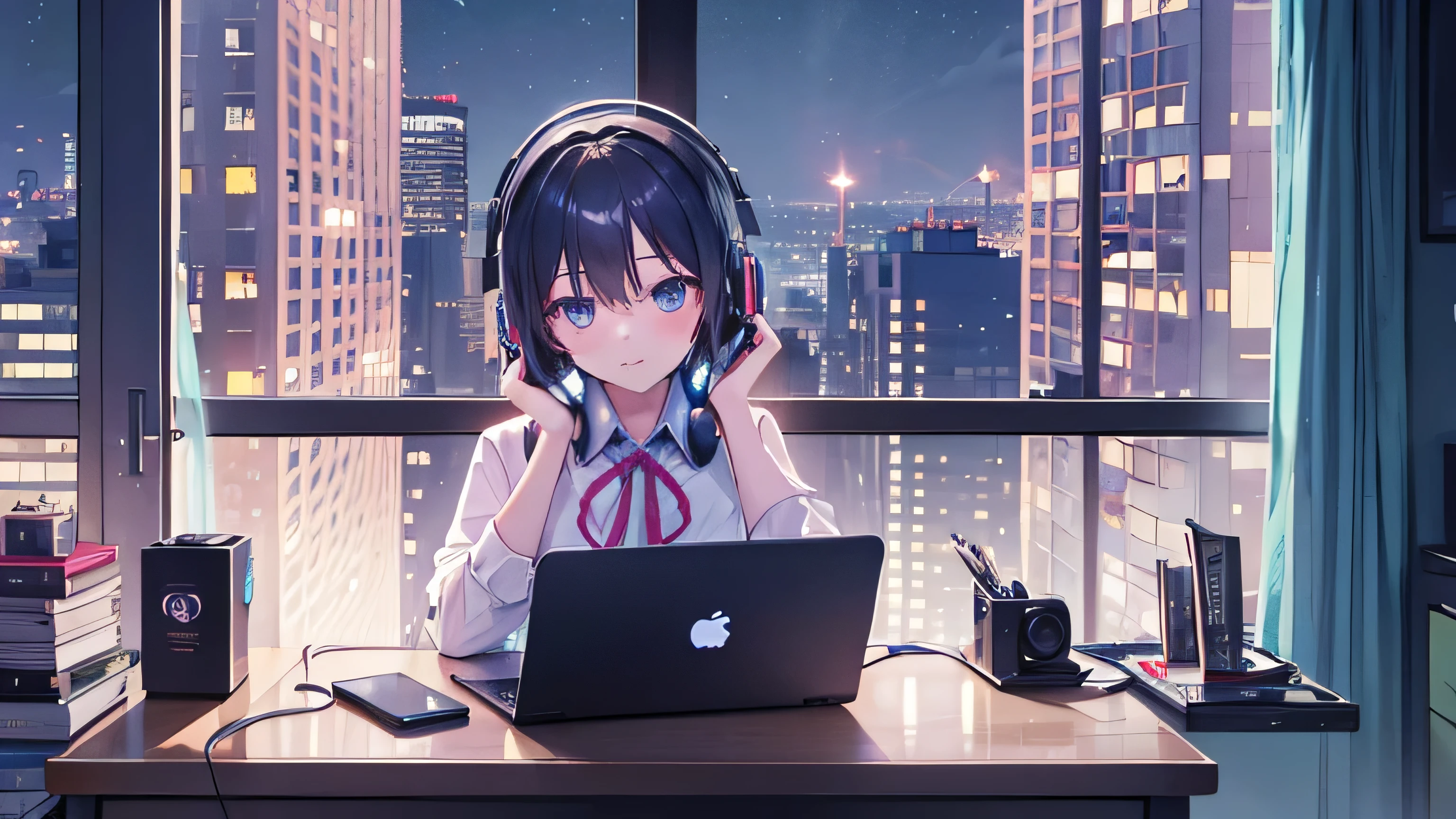 Night City I opened my laptop on the desk in my room at night. Headphones hanging from his neck Cute girl studying while listening to music30Generation of women A cheerful and friendly woman Laid-back atmosphere From the large windows you can see many buildings. The night view is beautiful it's raining There are beautiful candles lit in the room. Lo-Fi