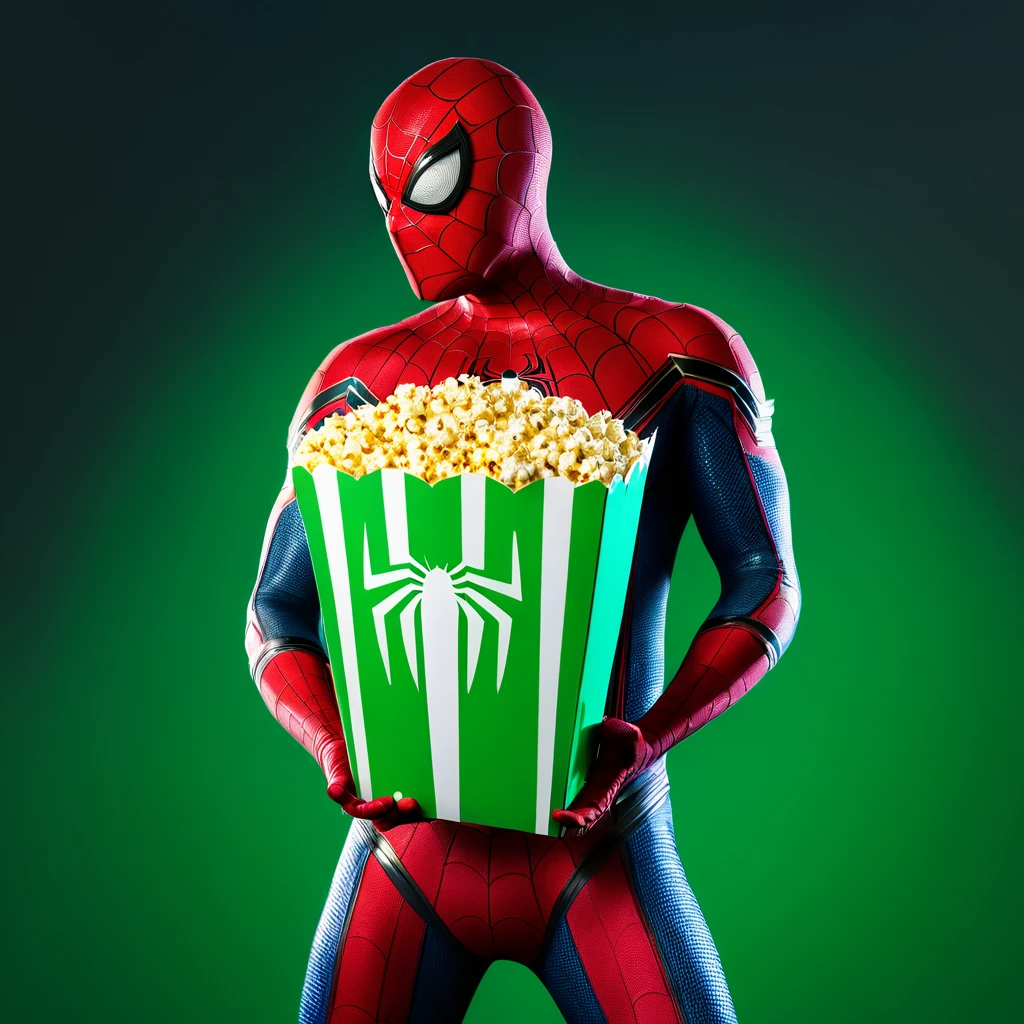 (best quality,4k,8k,highres,masterpiece:1.2),ultra-detailed,(realistic,photorealistic,photo-realistic:1.37), Spider-Man, vibrant lighting, green infinite background, holding a popcorn package.
