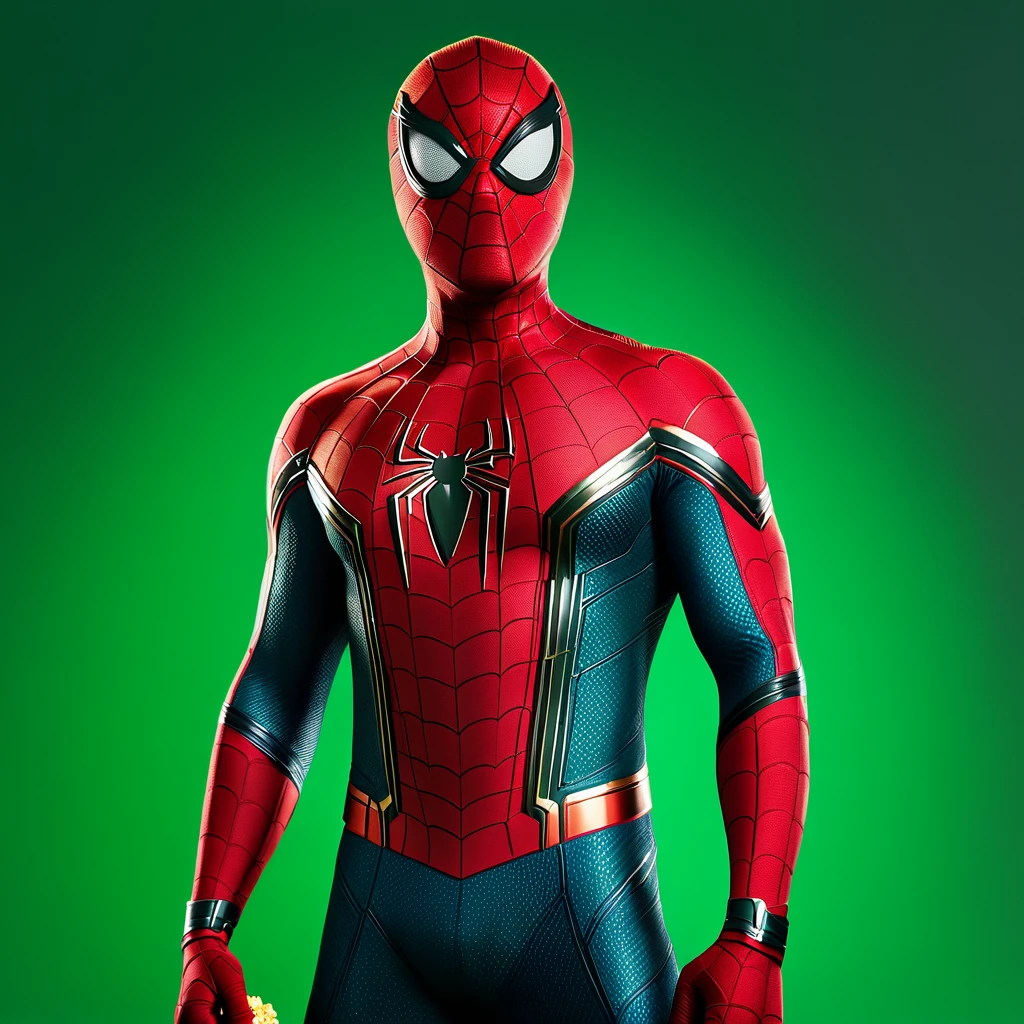 (best quality,4k,8k,highres,masterpiece:1.2),ultra-detailed,(realistic,photorealistic,photo-realistic:1.37), Spider-Man, vibrant lighting, green infinite background, holding a popcorn package.