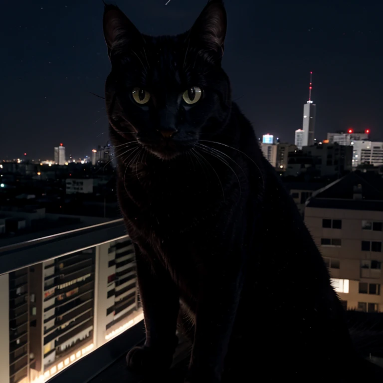 Gato negro en una noche  oscura desde un edificio alto