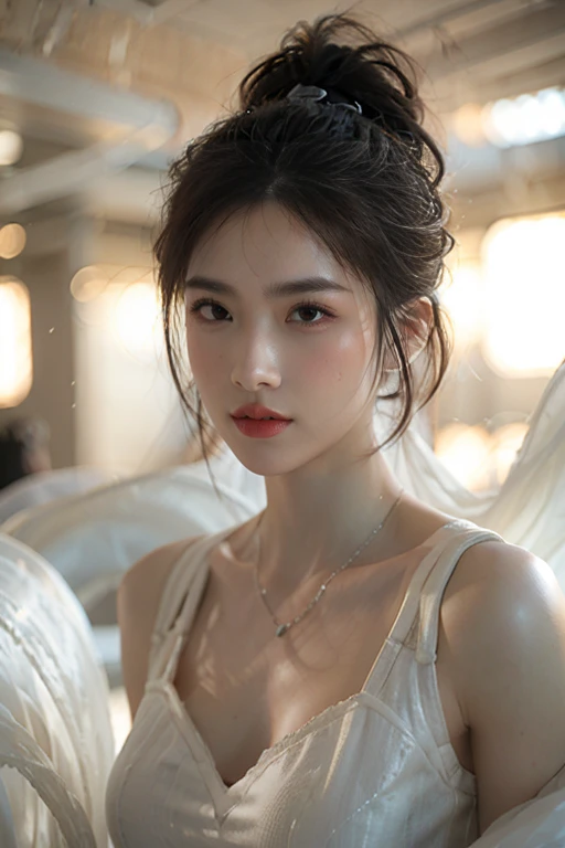 Masterpiece,art game,Best picture quality,highest resolution,8k,(chest photo),(Portrait),(head close up),(Third rule),Unreal Engine 5 rendering works,
20 year old girl,short hair details,It has a long bang.,(white hair),conjunctivitis,Elegant and elegant,(big, full chest),(wearing a white coat,Red hanging bra),shut your mouth,Serious but charming,(academic),Posing for pictures,Sci-fi style laboratory,White room,
movie lights，Ray tracing，CG game，((Real 3D engine))，OC rendering format