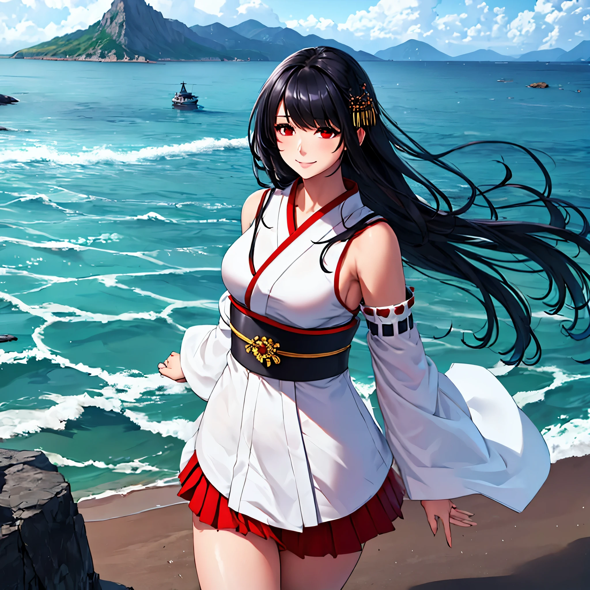 a woman wearing a white kimono, short red skirt, shoulderless kimono, long black hair, red eyes, naval accessories in her hair, walking on a platform overlooking the sea with hills in the background, smiling.HDR, ultra resolution, well defined, masterpiece, 8K HD. (solo woman)
