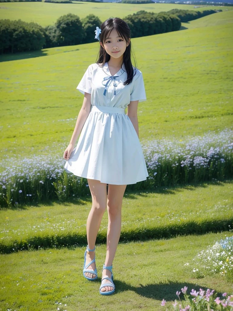 masterpiece、Highest image quality、((Full body shot:1.6))、with a girl:her hair is black and short、14 years、laughter、Her face is round and cute。(((White and blue teen casual fashion)))、Floral。white sandal shoes、There is a ribbon on the ankle。(running in the meadow with a girl:1.3)、scene:There is a beautiful scene floating in the background.、blue sky, White cloud, green meadow and colorful flowers。The scene is softly painted like a watercolor painting.、It's a fantastic atmosphere。The scene expresses the imagination and sensibility of the girl、Pubic hair shows completely naked pubic hair) ,more_become familiar with:1.5, (More and more_become familiar with:1.9)、Remote location