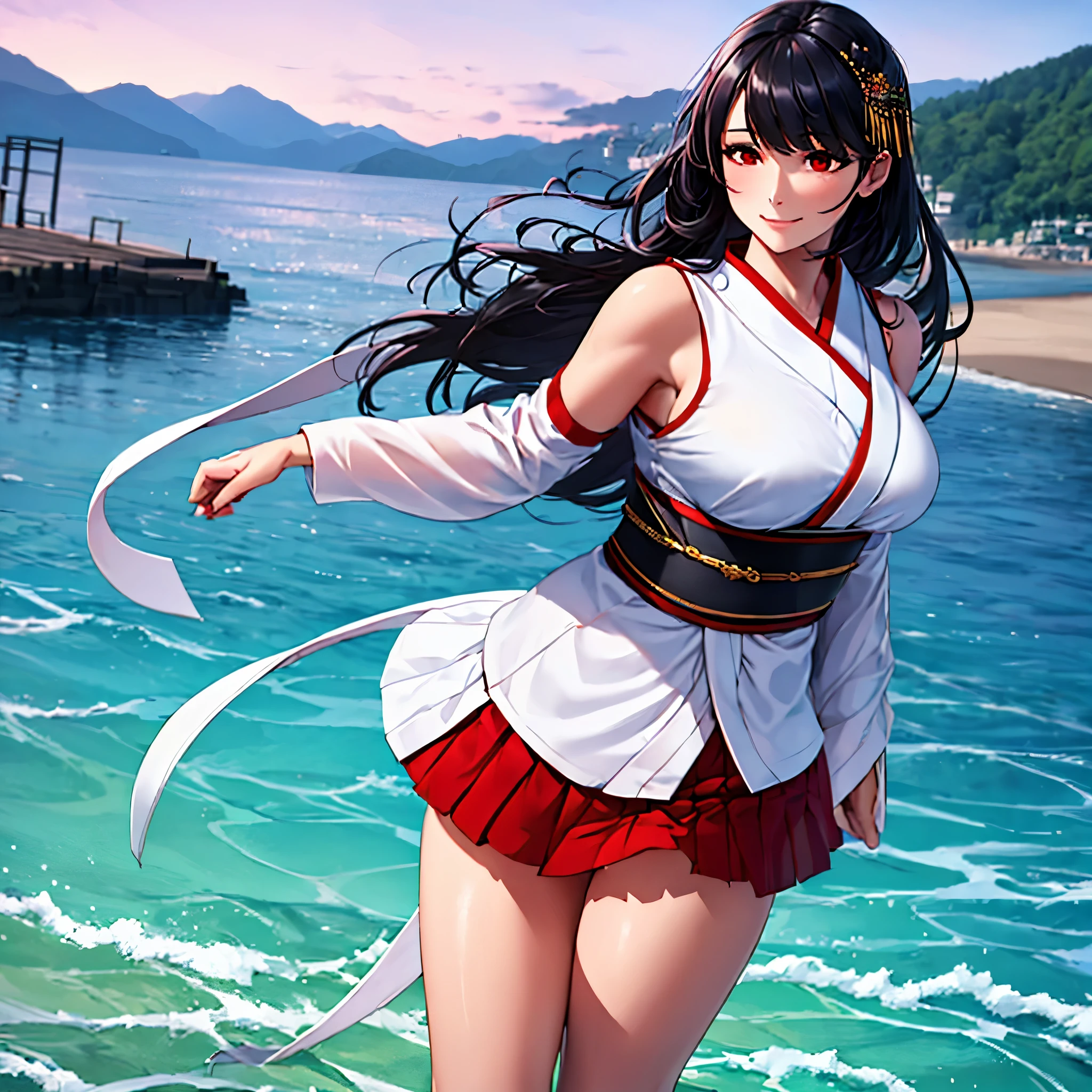 a woman wearing a white kimono, short red skirt, shoulderless kimono, long black hair, red eyes, naval accessories in her hair, walking on a platform overlooking the sea with hills in the background, smiling.HDR, ultra resolution, well defined, masterpiece, 8K HD. (solo woman)
