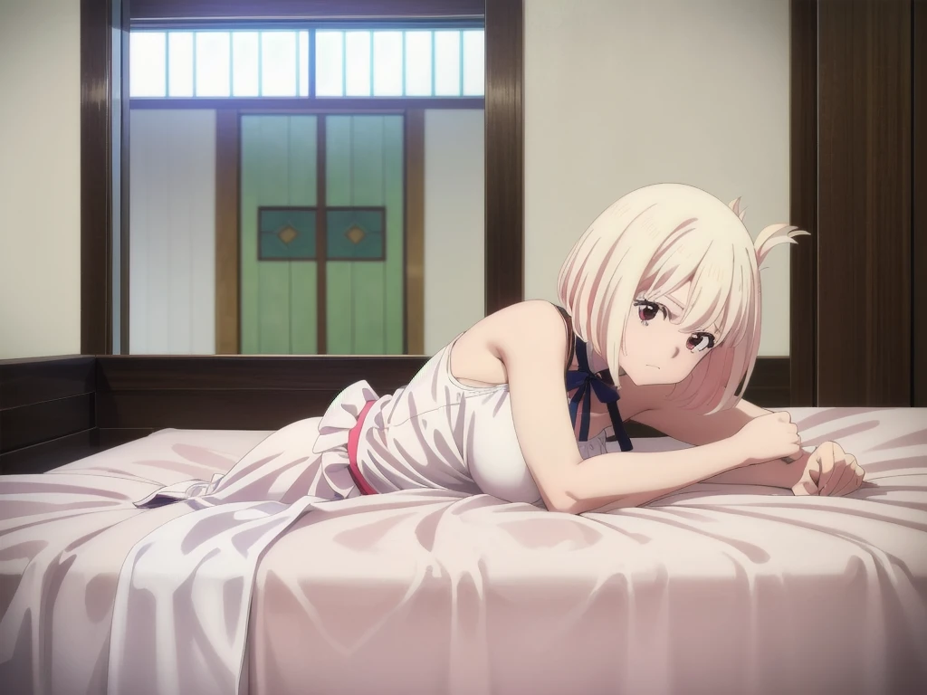 (((Pixel Perfect, Perfect detail))), alone, 1 girl, chisato nishikigi, from above, Shut your mouth, lying on the bed, full Body, indoor