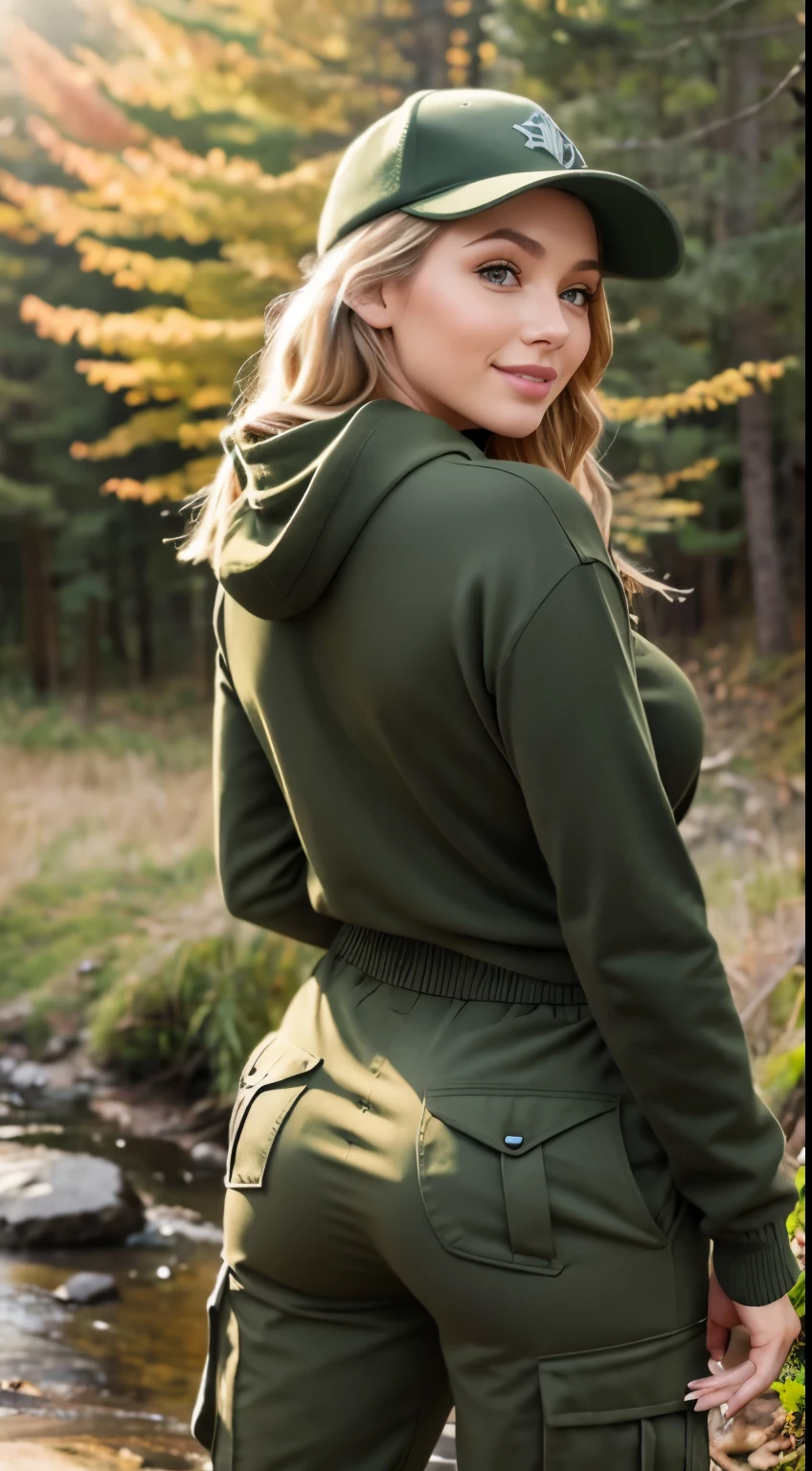 Foto hiperrealista en primer plano de Emily Sears, masterpiece, best quality, (photorealistic:1.4), full body, (army green winter Plus Size Long Sleeve Pullover casual Sweater:1.1), (army green cargo pants:1.2), (trucker hat), hiking in the Mountains, sunny fall day, cinematic light, beautiful woman, skinny, large breasts, blond hair, detailed face, smile, facing the camera, photo taken from a distance, age of 20 years old, she walks away, her butt is visible