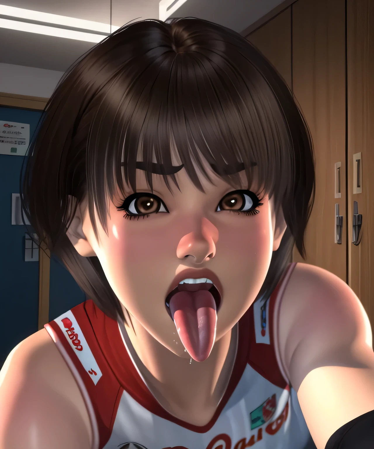 kaori,brown hair,brown eyes,short hair,shoot from front,looking at view,long tongue,tongue out,open mouth,saliva,saliva tail, 
volleyball uniform, 
locker room,dim lighting,
(insanely detailed, beautiful detailed face, masterpiece, best quality),solo