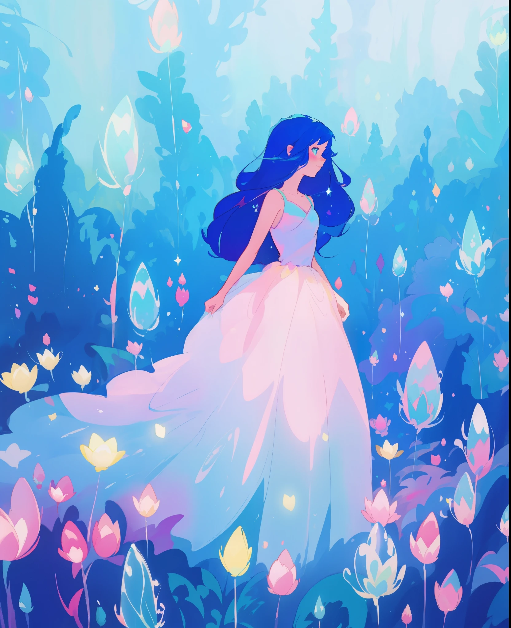 beautiful girl in sparkling puffy ballgown dress, vibrant pastel colors, (colorful), long flowing dark blue hair, otherworldly blue and pink landscape background, inspired by Glen Keane, inspired by Lois van Baarle, disney art style, fantasia background, otherworldly plants and flowers, whimsical, magical, fantasy, beautiful face, ((masterpiece, best quality)), intricate details, highly detailed, sharp focus, 8k resolution, sparkling detailed eyes, liquid watercolor