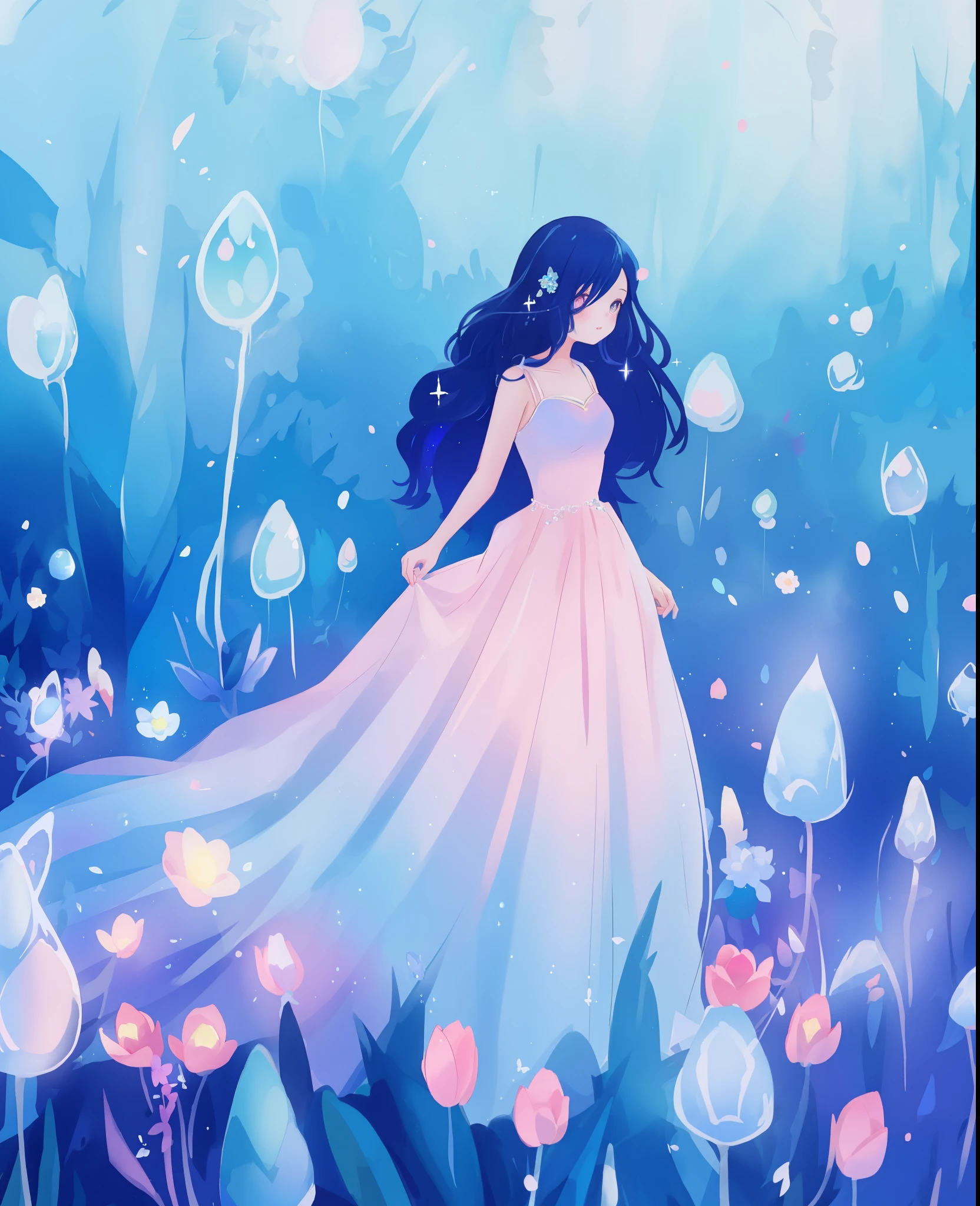 beautiful girl in sparkling puffy ballgown dress, vibrant pastel colors, (colorful), long flowing dark blue hair, otherworldly blue and pink landscape background, inspired by Glen Keane, inspired by Lois van Baarle, disney art style, fantasia background, otherworldly plants and flowers, whimsical, magical, fantasy, beautiful face, ((masterpiece, best quality)), intricate details, highly detailed, sharp focus, 8k resolution, sparkling detailed eyes, liquid watercolor