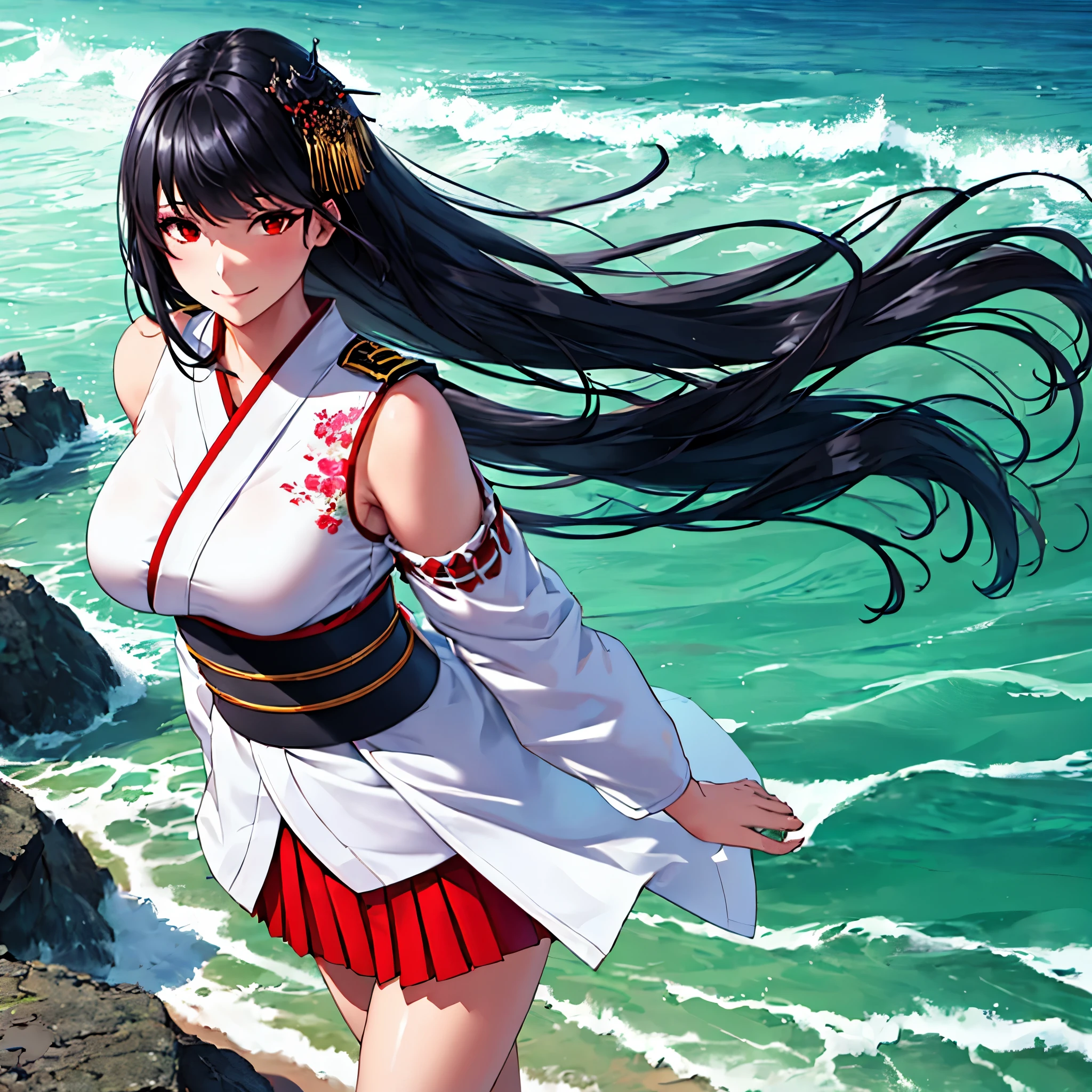 a woman wearing a white kimono, short red skirt, shoulderless kimono, long black hair, red eyes, naval accessories in her hair, walking on a platform overlooking the sea with hills in the background, smiling.HDR, ultra resolution, well defined, masterpiece, 8K HD. (solo woman)
