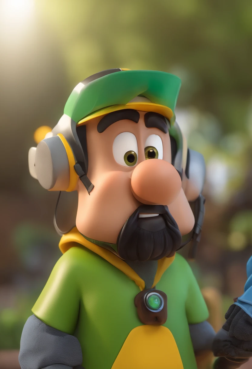 Cartoon character of a man 30 years old with black beard and yellow helmet, ojos verdes, animation character, personaje estilizado, animation style rendering, 3D estilizado, Arnold Maya renderizado, Render 3D estilizado, Toon render keyshot, Personaje 3D, Personaje 3D, Stylized 3D rendering, renderizado de personajes 3d, personaje animado, Close-up character, Pose del personaje, (Estilo Pixar) (parte maestra:1.2) (bokeh) (mejor calidad) (piel detallada) (textura detallada) (8k) (arcilla) (cinematic lighting) (Sharp focus
