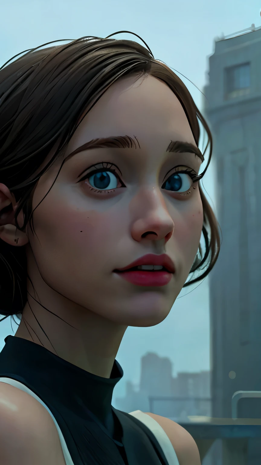 Foto hiperrealista en primer plano de Kelsey Asbille, masterpiece, best quality, (photorealistic:1.4), Create dystopian masterpieces. Depict the cityscape in the gritty style of the game's concept art. This work should evoke a sense of abandonment and despair in a futuristic, post-apocalyptic world. Notice the intricacies of detail, the sharp focus.