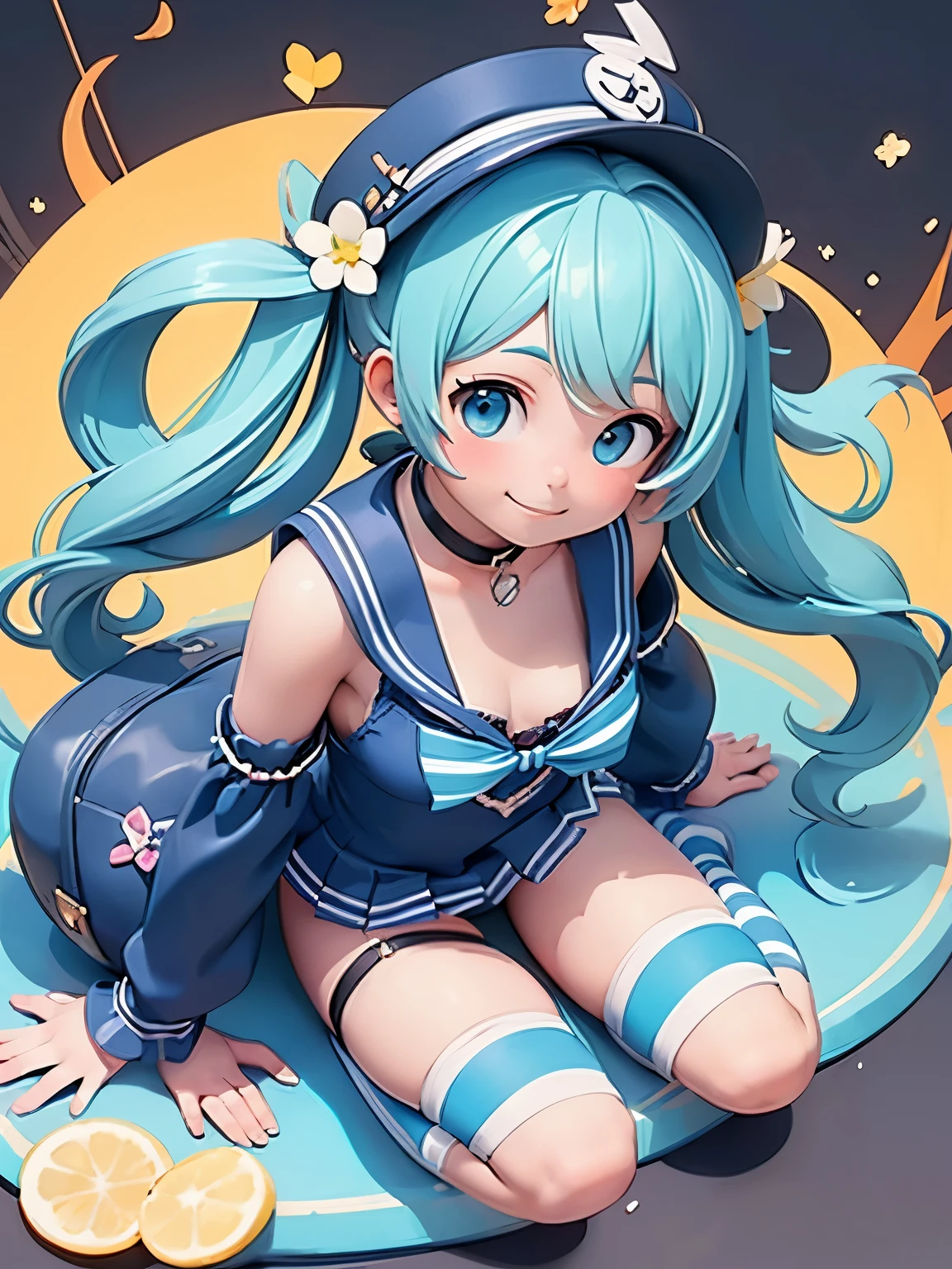 (masterpiece、highest quality、highest quality、Official Art、Beautiful and beautiful:1.2)、(One girl:1.3)Hatsune Miku、Twin tails,Big Breasts,masterpiece,(highest quality:1.3),One girl,Barbara \(Genshin Impact\),smile,Official Alternative Costumes, choker,Sailor's hat,Hat Flower,blue eyes,Blonde,Twin tails,Blue one piece swimsuit,Yellow ribbon,Removable sleeves,Animal Bag,Blue sailor collar,Striped ribbon,Exposing shoulders,Thigh strap ring_length, whole body,