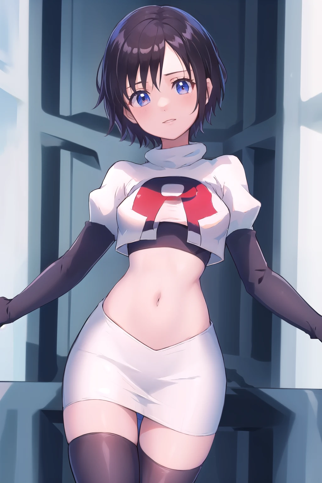 masterpiece, best quality, highres, aaxion, short hair, team rocket,team rocket uniform,white skirt,red letter R,crop top,black thigh-highs,black elbow gloves, cowboy shot, 