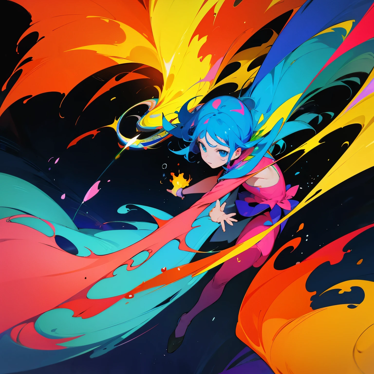 "1 girl, a messy painter, covered in vibrant paint splatters."