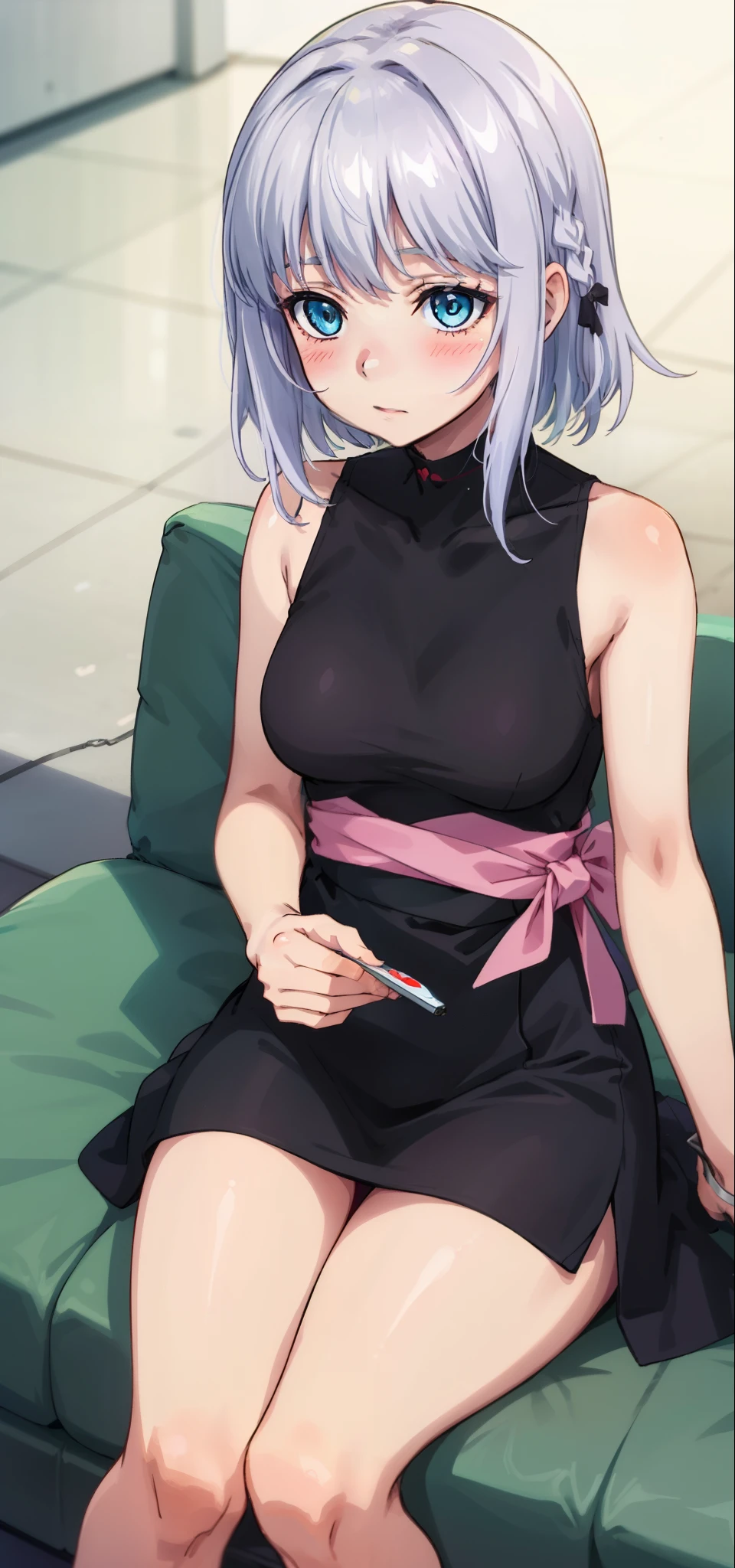 Mabui, off shoulder,high waist short skirt, big breast, seductive expression, thighhighs