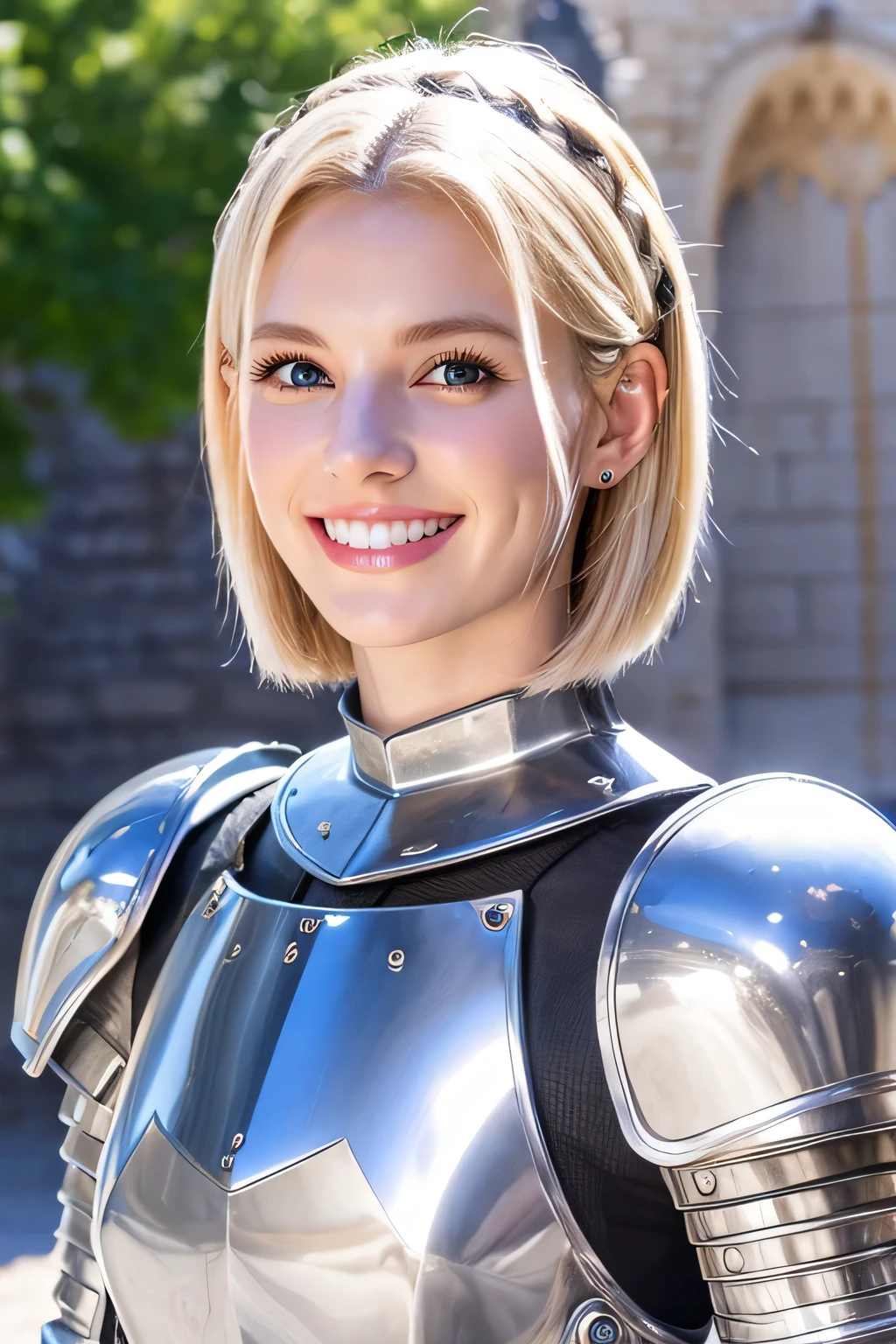 8K、highest quality、female knight、Luxurious Silver Armor、、hairstyle short cut、smile、Beautiful Teeth、Full body photo、ear piercing、blonde、White woman、blue eyes、Heavy makeup、The background is inside the castle