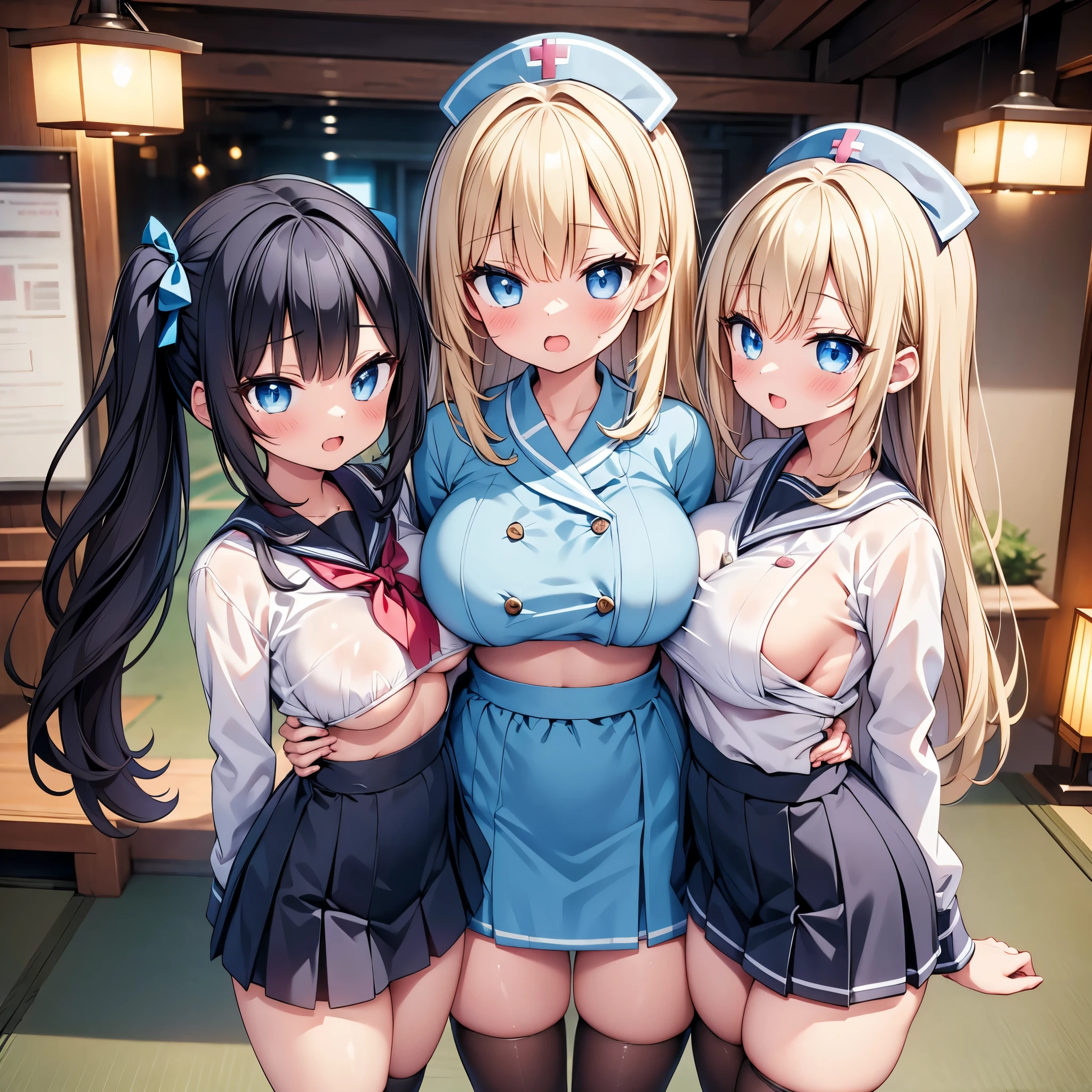 (cute eyes:1.2), (sparkling eyes:1.2), highest quality,wonderful,finely,extremely detailed CG Unity 8K wallpaper, (Stand in line:1.2), (3 girls, cute eyes,  japanese nurse, clothed), (midium breasts), (Underboob:1.1), (open mouth:1.1), (long tongue:1.1), (mouth drool:1.1), (black stockings:1.1),(Thighs:1.1),(Waistline:1.1)