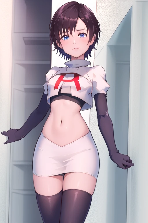 masterpiece, best quality, highres, aaxion, short hair, team rocket,team rocket uniform,white skirt,red letter R,crop top,black thigh-highs,black elbow gloves, cowboy shot, 