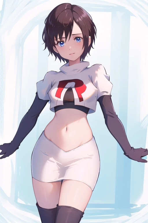 masterpiece, best quality, highres, aaxion, short hair, team rocket,team rocket uniform,white skirt,red letter R,crop top,black thigh-highs,black elbow gloves, cowboy shot, 