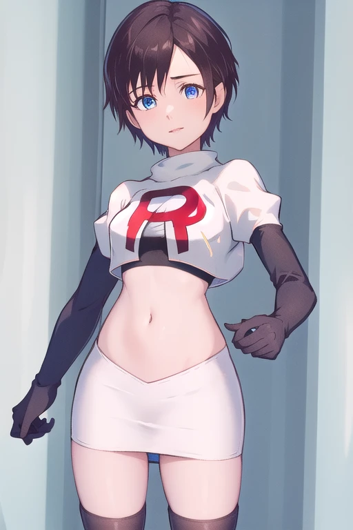 masterpiece, best quality, highres, aaxion, short hair, team rocket,team rocket uniform,white skirt,red letter R,crop top,black thigh-highs,black elbow gloves, cowboy shot, 