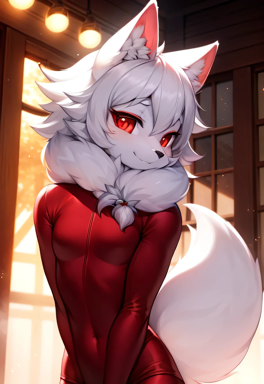 furry, white fur, ultra cute face, red elements on fur, tight clothing, beautiful lights and shadows, ambient light, ultra detailed fur, volumetric light, skinny, slight muscular build