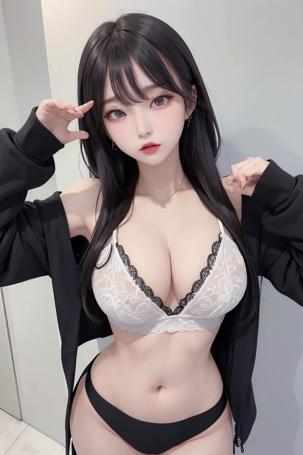 high image quality、Raw photography、20-year-old Korean、big round chest、white Hoodie without front closed、black lace underwear、Beautiful Eyes of Details、very elongated eyes、Beautiful eyelashes、Beautiful double eyelids、eyeshadows、耳Nipple Ring, (standing pose:1.5), wearing super tight boxers,