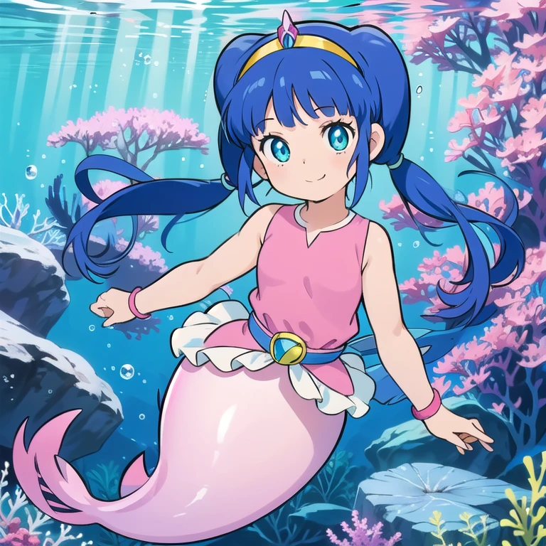 masterpiece,best quality,1girl,sophie \(doraemon\),blue hair,blue eyes,long hair,twintails,yellow hairband,tiara,belt,pink shirt,(mermaid,pink fish tail),smile,underwater,submerged,coral,full body,