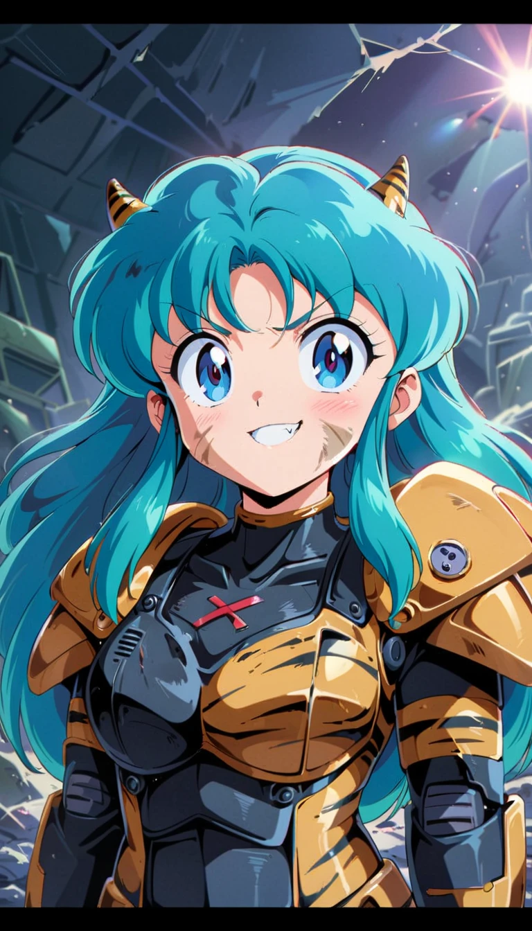 ((Lum)), Solo, blue-green hair, dirty aqua hair, (solo), bangs, long hair, blue eyes, dirty face, blood on the face, score_9, score_8_up, score_7_up, yellow tiny tiger-striped horns, happy, smirk showing fangs, blush, retro anime girl, 80's anime vibe, 1980's anime style, 80's anime style, in the art style of 80's anime, 90s anime style, 90's anime style, 80's anime art style, wear power armor, ((X-01)), Military, damaged, Destroyed background, military base, destroyed military base, Science fiction, Beautiful lighting, dappled sunlight, light particles, Best quality, 4k, 8k, highres, (masterpiece:1.4), ultra-detailed, upper body,