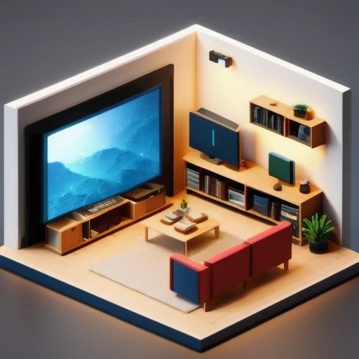 There was a small room,There is a sofa, a television, a table, and a chair, Evenly distributed at 8k, Stylized 3D rendering, Magical voxel movie lighting, 3D rendering style, 3D Video Game Rendering, 3D ios room photo, 3D rendering uniform lighting, videogame 3d render, and perform 3D rendering under adequate lighting conditions(((Miniature Scene)))45 degree viewing angle