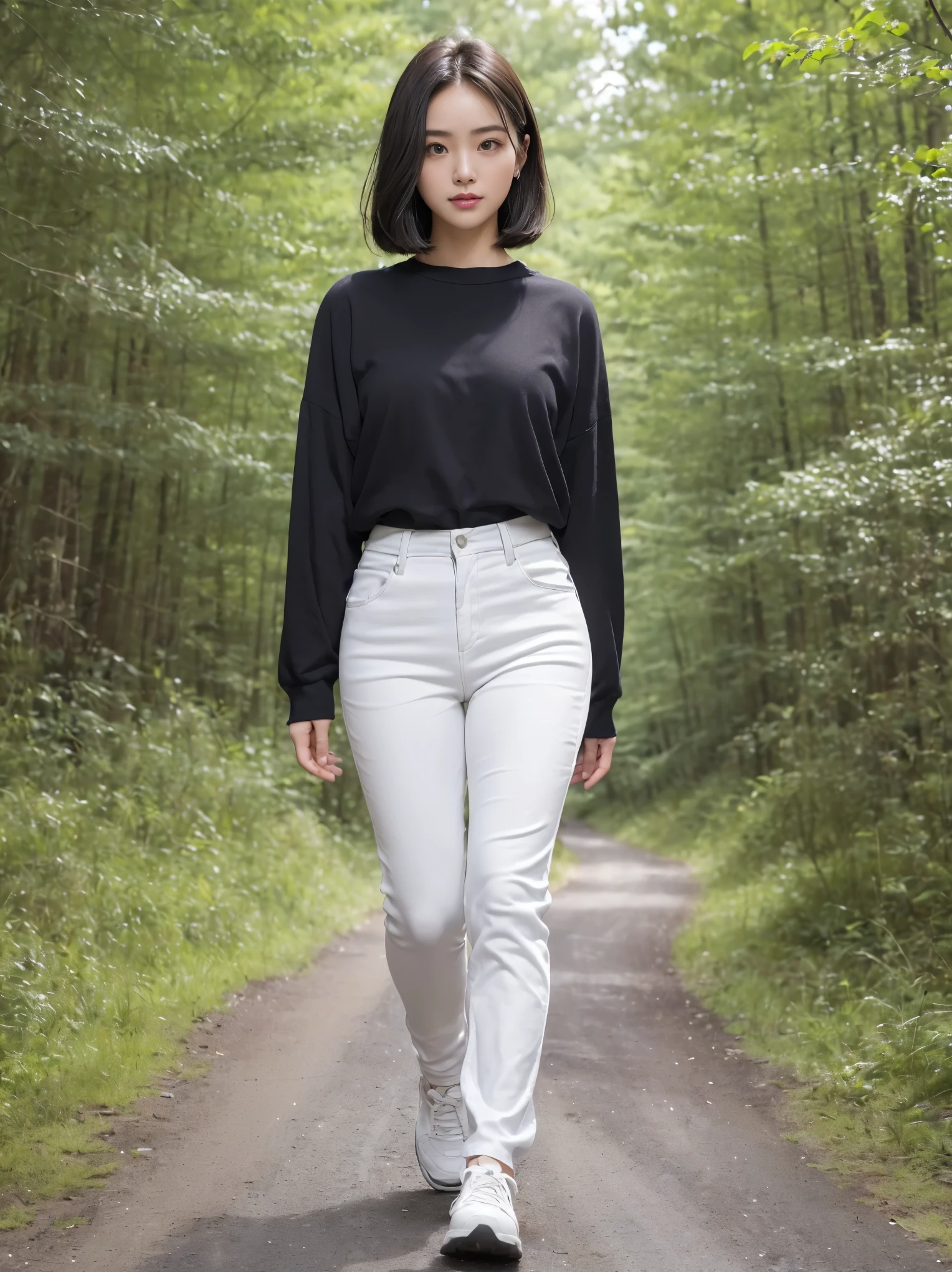 8k,3D,best quality,realistic,photorealistic,Bright lighting,((((((full body,Full body photography)))))),A Japanese woman born on May 19, 1997, Zodiac sign is Taurus,Blood type is AB,Her name is Nakamura Imami,(((Walking along the forest road,Wear a pastel-colored tight knit top and skinny pants on the bottom,Wear pastel-colored sneakers))),((((The core is strong,Clear skin,Overall it is clean and shiny.、Elastic and moisturized skin,Composed of Japanese skeletons,Thick bones、High bone density,26 years old,7 heads,Height: 160cm,Weight: 60kg,Head size 55.1cm,Face vertical width 21.8cm,Face width 15.3cm,Muscle Mass 18.5kg,Body fat 9.7kg,Body fat percentage 20%,Basal metabolic capacity 1216kcal,Maximum heart rate: 194 bpm,Bust 86.2cm,Underbust 69.1cm,Cup size: C to D cup,Waist 59.2 to 62.4cm,Hip 86.4cm,Upper arms 25.6cm,Thigh 49.6cm,Calf 33.6cm,Ankle 19.2cm,Hip height 80cm,75 shares.2cm,Body Mass Index 23.44,Body mass index is 23.44)))),Golden ratio of Japanese women's faces,Focus on overall facial balance,The whole face looks soft,The face is generally flat and has few bumps, making it look younger.,(((Beautiful attractive Japanese round face,Baby Face,innocent,A cute and ordinary face,Dark hair and attractive features,Glossy,Smiling face))),Contours are round,plump round face,Plump round face,(((The face is a little plump,Her natural, soft smile gives a cute impression.,The expression is cute,Straight bob style,Hairstyle: With bangs,facial parts are round))),The parts are more central, giving a childish impression.,Glossy, wet black hair,The hair is smooth,The tendency for people to have wide and beautiful foreheads,beautiful forehead,Wide and beautiful forehead,Wide forehead,Bright forehead,Part of the ear is not visible from the front,Flat brow,Wide space between eyebrows,The distance between the eyes is a little large,Natural thick eyebrows,Well-groomed, arched eyebrows,The beginning and end of the eyebrows are gently level.、Eyebrows slightly longer than the eyes,Thick eyebrows,Have strong eyebrows,Make your eyebrows fluffy,眉毛はThickenて細い,Long eyelashes、Thicken、Large quantity,Long eyelashes,Thin eyelids,Round corners of eyes,The upper eyelid is semicircular,Round upper eyelids,Large, soft eyes,Wide-set eyes,Wide spacing between the eyes,The eyes are wide open,黒Big eyesパッチリとした目,黒Big eyes,Big Eyes,Big eyes,Big eyes,Large, wide double eyelids,Lively, bright eyes with clear brown irises,The shape of the eyes is round and the pupils are large.,People with bulging lower eyelids,No dark circles under the eyes,Round nose tip、The nose is bulging,Low nose,Narrow nose,The nose parts are small,The nose is small and rounded,High cheekbones,Round face with plump cheeks,Plump Cheeks,モテBaby Faceとはふんわりした頬,Cheeks are plump,Laugh lines around the mouth,Tight mouth,The corners of the mouth are turned up,Natural pink lips,Thick lips,the upper lip is thick,Lips are plump,Glossy lips,Moisturized lips give a healthy impression,Round chin/double chin,The chin is large and round,Makeup doesn't change anything,Natural light makeup,Natural Makeup,Natural Makeup顔とすっぴんの違いが少ない,Golden ratio of Japanese women's body type,(((A healthy, toned, voluptuous, glamorous body,Sharp and supple body lines,A woman's voluptuous and attractive body,A well-balanced and fleshy body,Overall well-proportioned, muscular, sexy figure,A body with good blood circulation,Moderately muscular,A supple body with just the right amount of muscle,A well-toned body、A well-balanced body shape that is neither too thin nor too fat,Not too skinny,Not too skinny、Moderate body shape,Not fat、Moderate body shape,Plump body,The breasts and buttocks are well balanced and large,Beautiful neck,Collarbones that accentuate soft breasts,Beautiful round shoulders,Beautiful arms,Beautiful Hands,Beautiful upward-facing round chest,The top of the bust、Halfway between shoulder and elbow,Beautiful and moderate waistline,Has a waist,A healthy, tight waist,Narrow waist,Beautiful belly,The top of the hips is half the height,The hips are upturned and firm,The shape of the hips is pointing upwards,Beautiful upward facing round ass,Large pelvis、It is sturdy and、Big butt body,Beautiful legs,My legs are toned,Beautiful thick thighs,Fat on thighs,Beautiful thick calves,Tight ankles)))