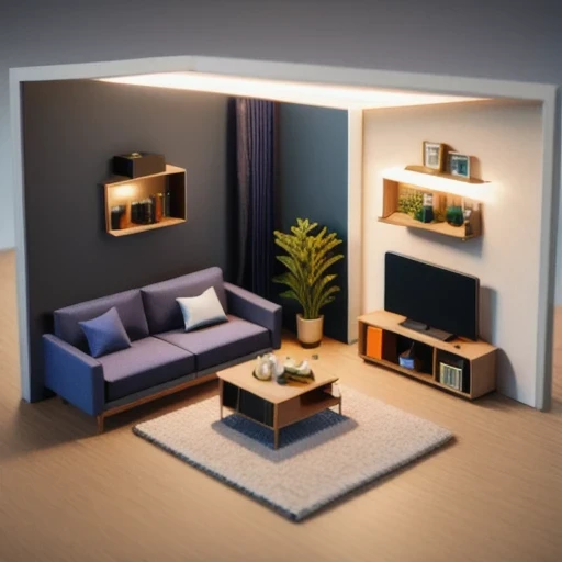 There was a small room，There is a sofa, a television, a table, and a chair, Evenly distributed at 8k, Stylized 3D rendering, Magical voxel movie lighting, 3D rendering style, 3D Video Game Rendering, 3D ios room photo, 3D rendering uniform lighting, videogame 3d render, and perform 3D rendering under adequate lighting conditions（（（Miniature Scene）））45 degree viewing angle