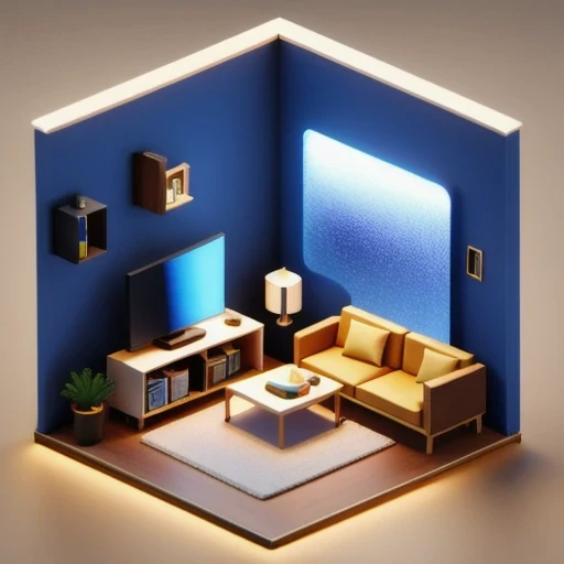 There was a small room，There is a sofa, a television, a table, and a chair, Evenly distributed at 8k, Stylized 3D rendering, Magical voxel movie lighting, 3D rendering style, 3D Video Game Rendering, 3D ios room photo, 3D rendering uniform lighting, videogame 3d render, and perform 3D rendering under adequate lighting conditions（（（Miniature Scene）））45 degree viewing angle